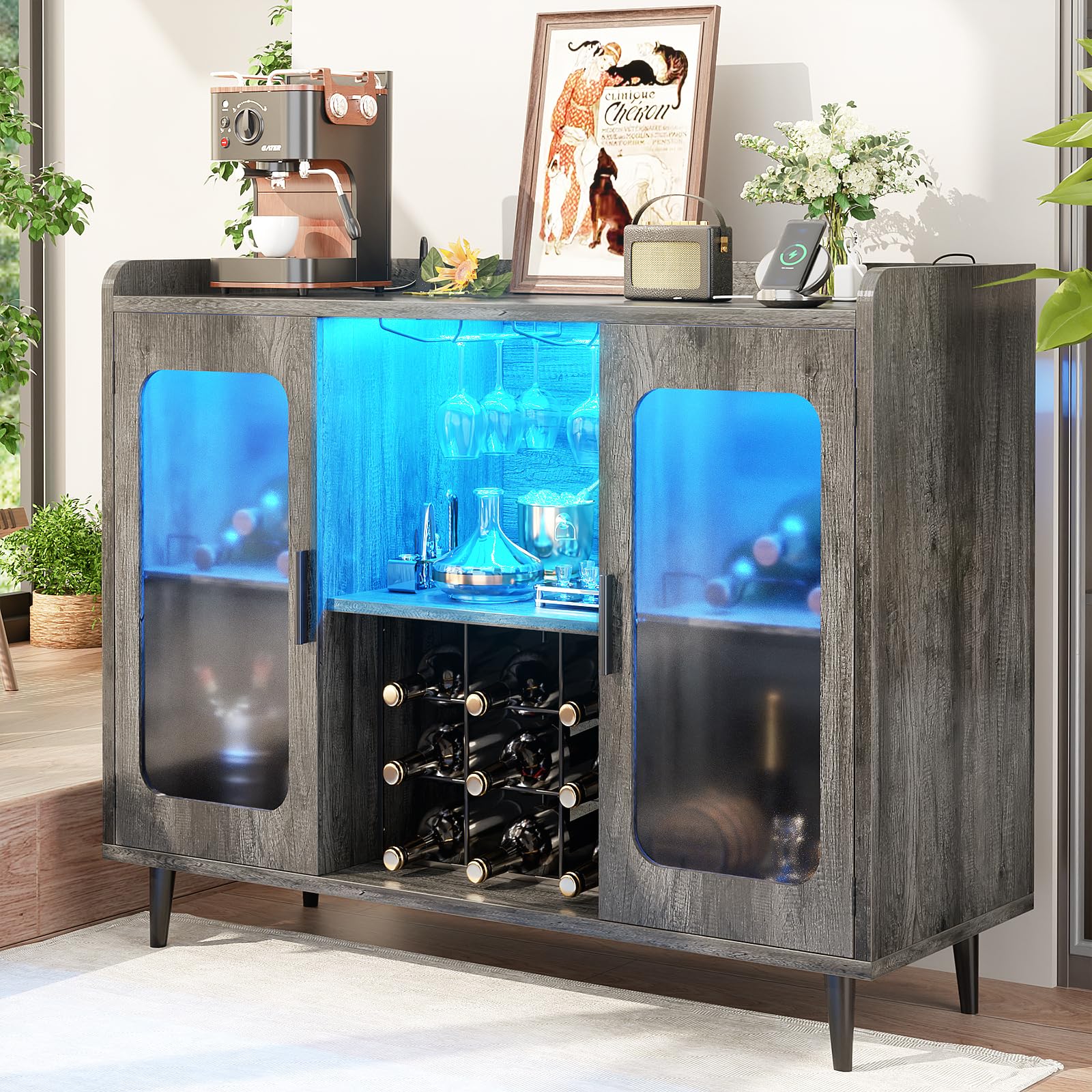 iSunirm Wine Bar Cabinet with Power Outlet &amp; LED Light, Black Oak