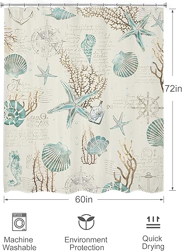 Miniatura 5 de Omifly Cortina de ducha con estrellas de mar y conchas marinas, 60 pulgadas de ancho x 72 pulgadas de alto, juego de baño náutico costero costero,