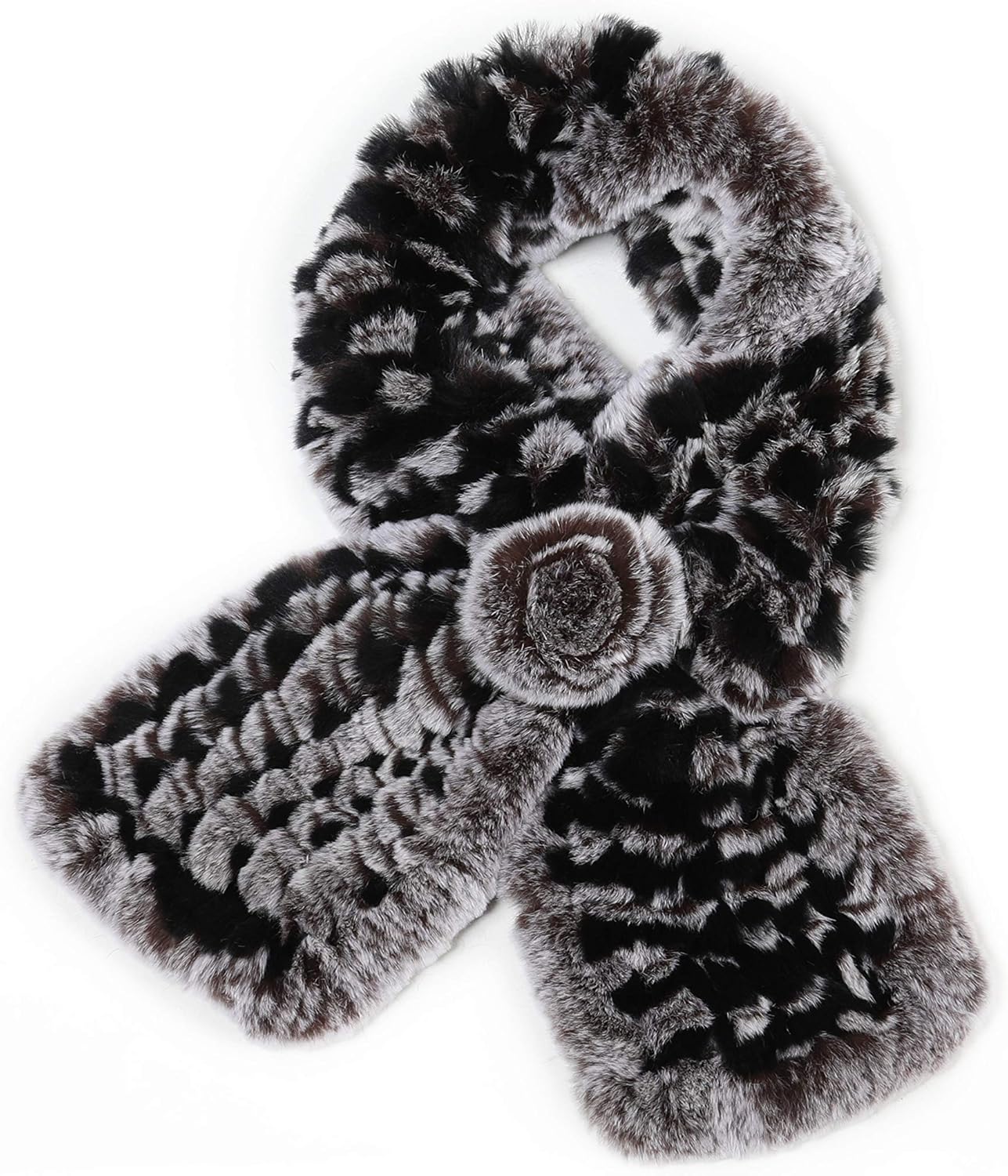 Fur Story Women's Rex Rabbit Fur Scarf Ladies Winter Warm Knitted Flowers Crochet Fashion Scarf Scarves for Women