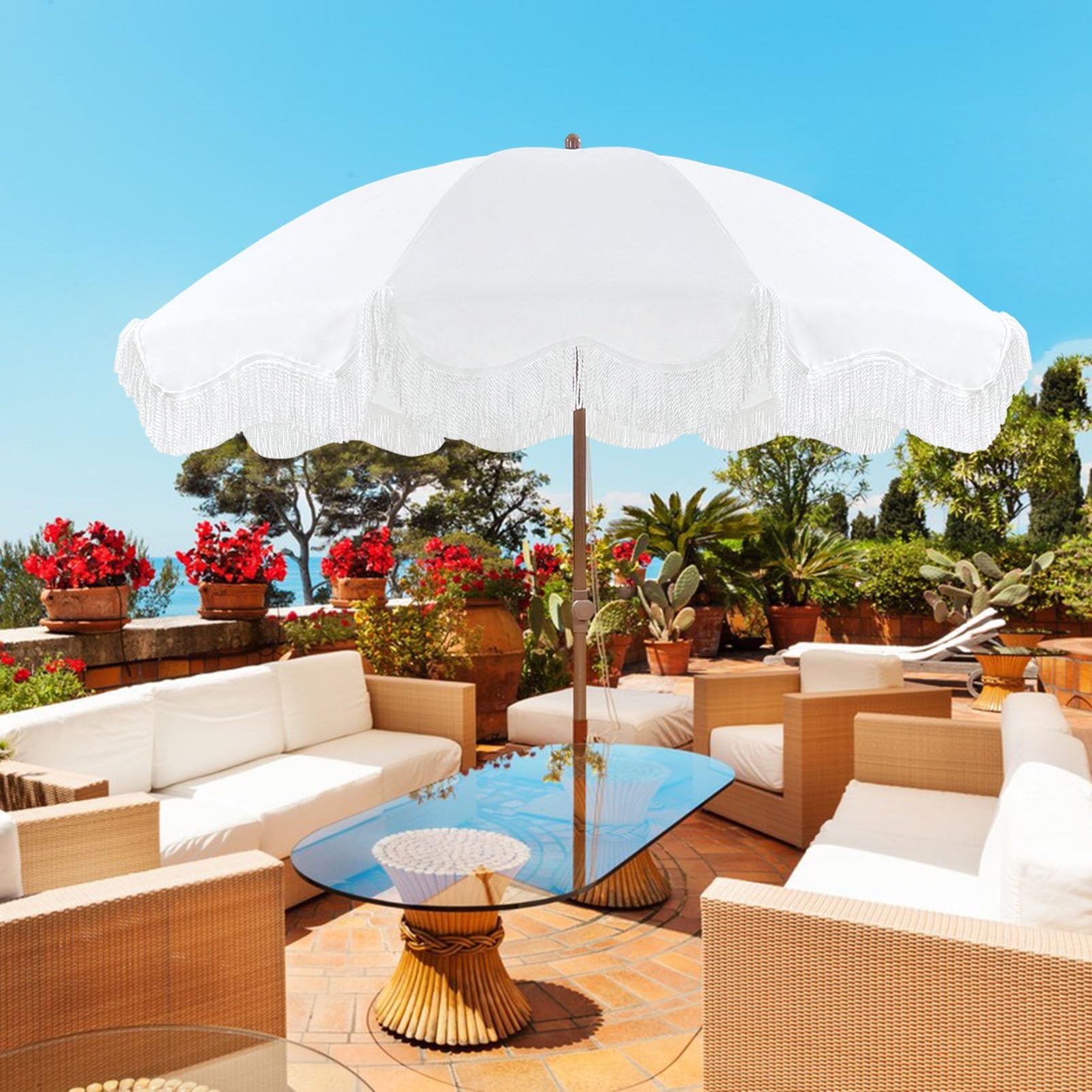 6 ft white patio umbrellas Amazon.com : Outdoor Patio Umbrellas & Shade 6ft White Beach Umbrellas For  Sand UV50+ Protection Boho Umbrella With Tassels Garden Umbrella Tilt  Fringe Market Umbrella Portable Pool Umbrella With Carry Bag :