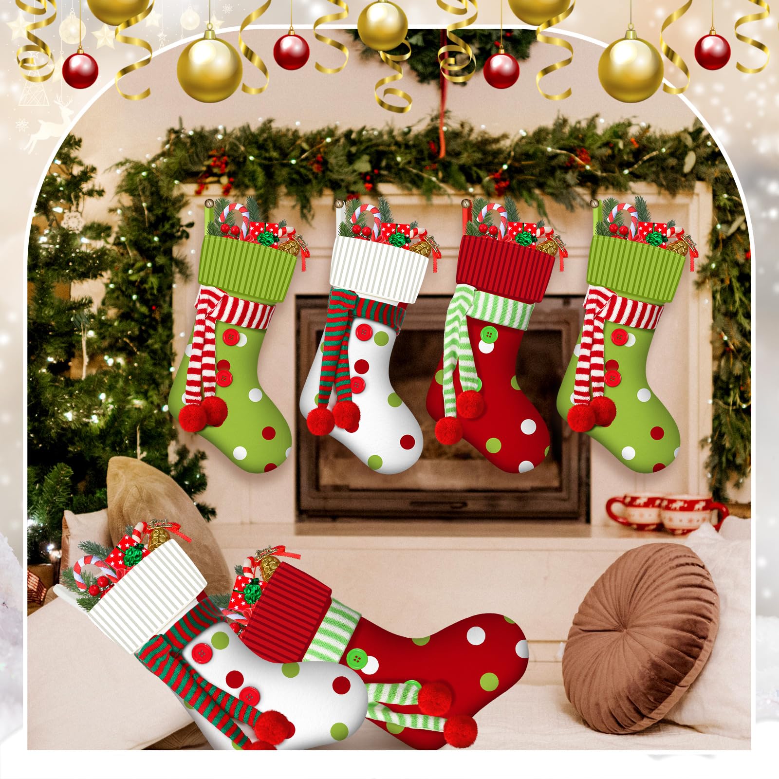 Newcotte 12 Stück 50,8 cm große Weihnachtsstrümpfe, Elfe, Weihnachtsstrümpfe, rot, grün, weiß, Weihnachtsdekoration für Urlaub, Kamin, Baumdekoration, Geschenk, Geschenk