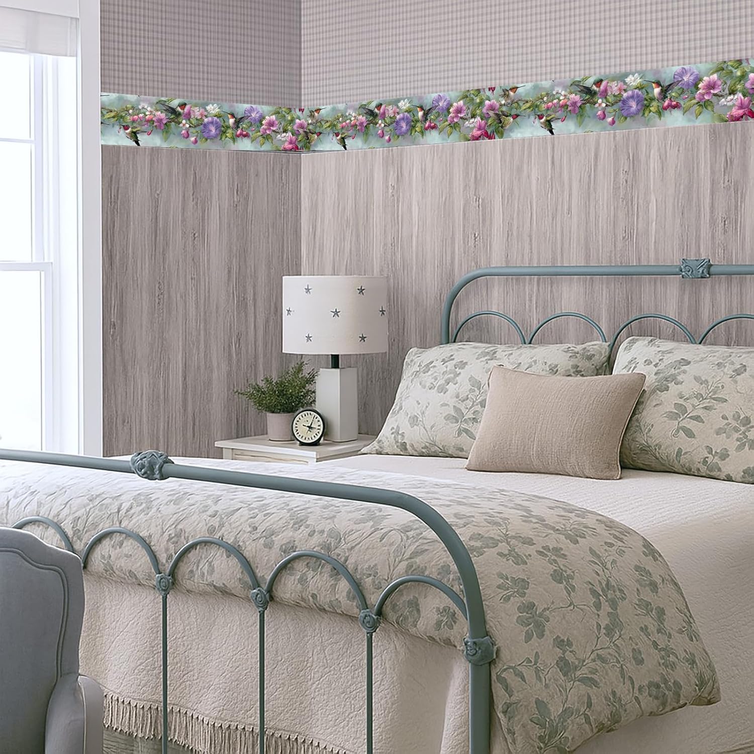 Morning Glory Wallpaper Border 196x4 Inch Removable Wall Border Peel and Stick Pink Purple Flower Vine for Bedroom Bathroom Kitchen Living Room Wall Trim Decor Rustic Cottage Garden