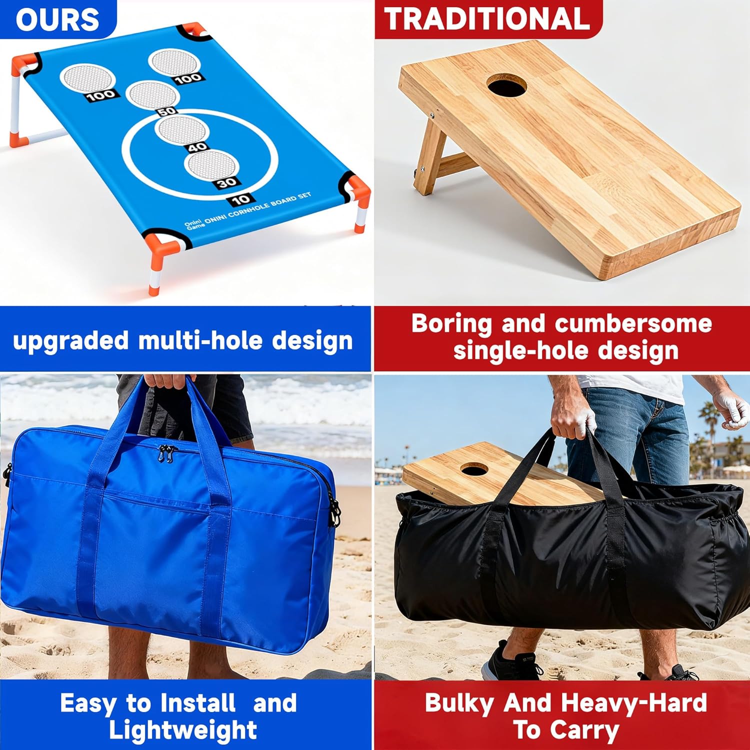 Onini Upgrade Portable Cornhole Board Set of 2 with 8 Bean Bags and Carrying Case Corn Hole Games Set for for Kids and Adults, Travel Camping Accessory(3x2 Ft)
