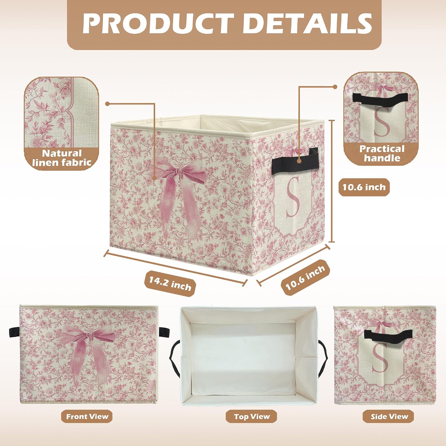 Coquette Pink Bow Floral Monogram Storage Bins, Monogrammed Initial S Pink Collapsible Storage Box Laundry Basket with Handle for Girls Bedroom Bathroom Playroom Clothes Toys Books