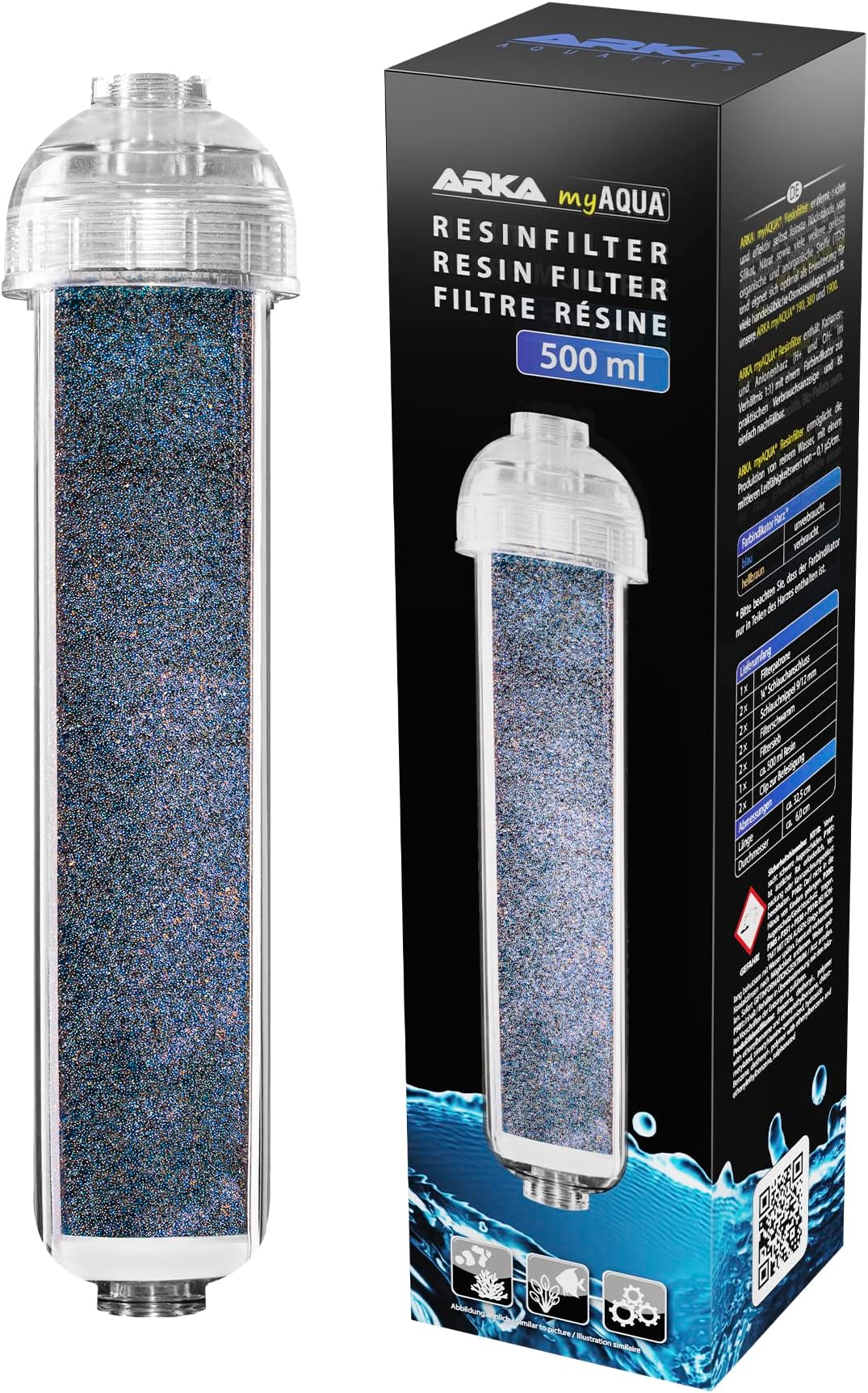 ARKA myAQUA Resin Filter, 500 ml, High-Performance Pure Water Filter with Mixed Bed Resin, Eliminates Silicate, Nitrate & TDS, Refillable, with Visual Colour Change