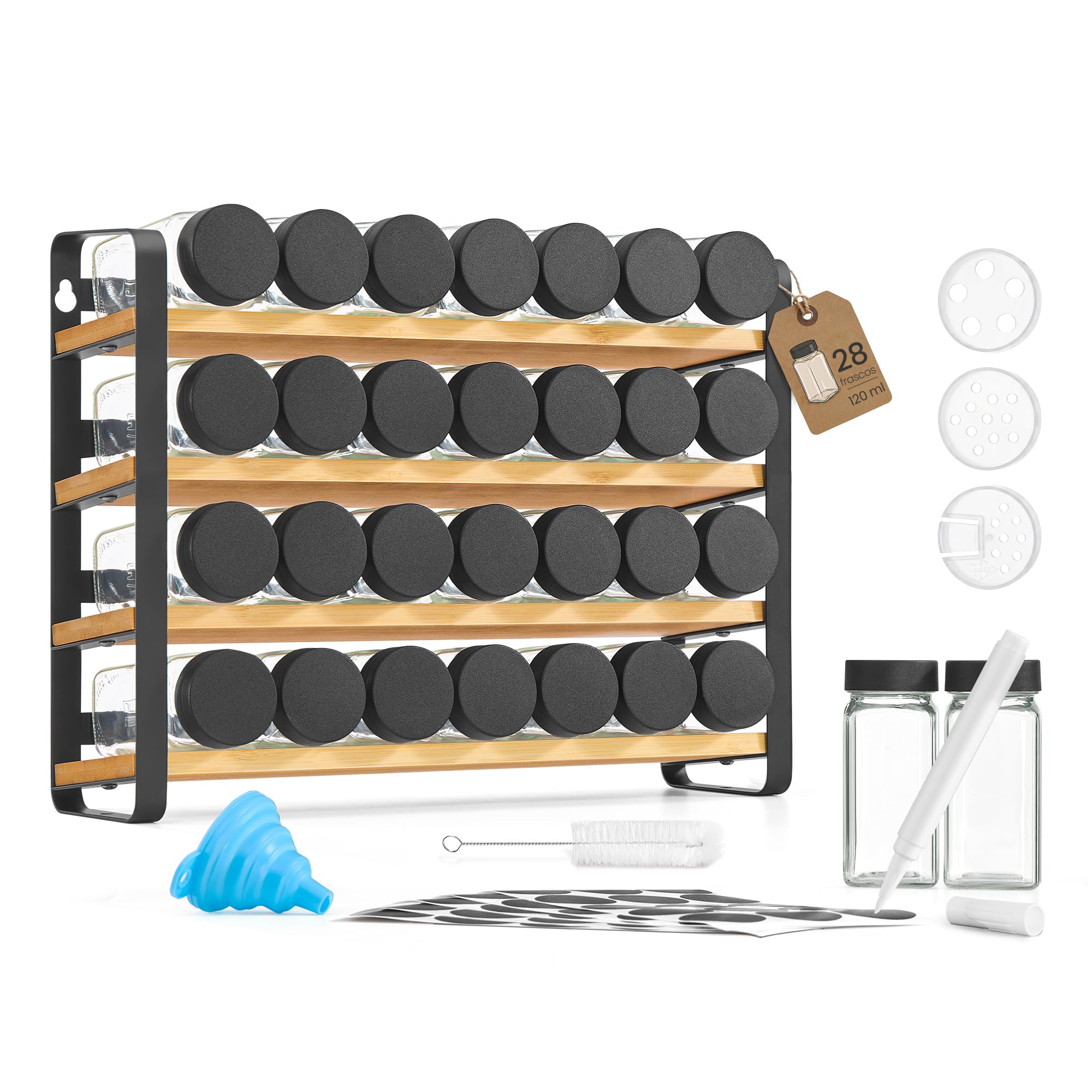 SONGMICS Especiero, Organizador de Especias de Bambú y Acero, Estante con 28 Botes de Cristal, 35 x 9 x 26 cm, Negro y Natural, para Pared y Encimera de Cocina Colección Bystro KCS064B101