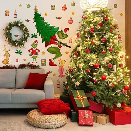 Miniatura 5 de Calcomanías de pared de árbol de Navidad de 33.85 x 33.18 pulgadas, calcomanías de pared extraíbles para ventana de Navidad, decoración para