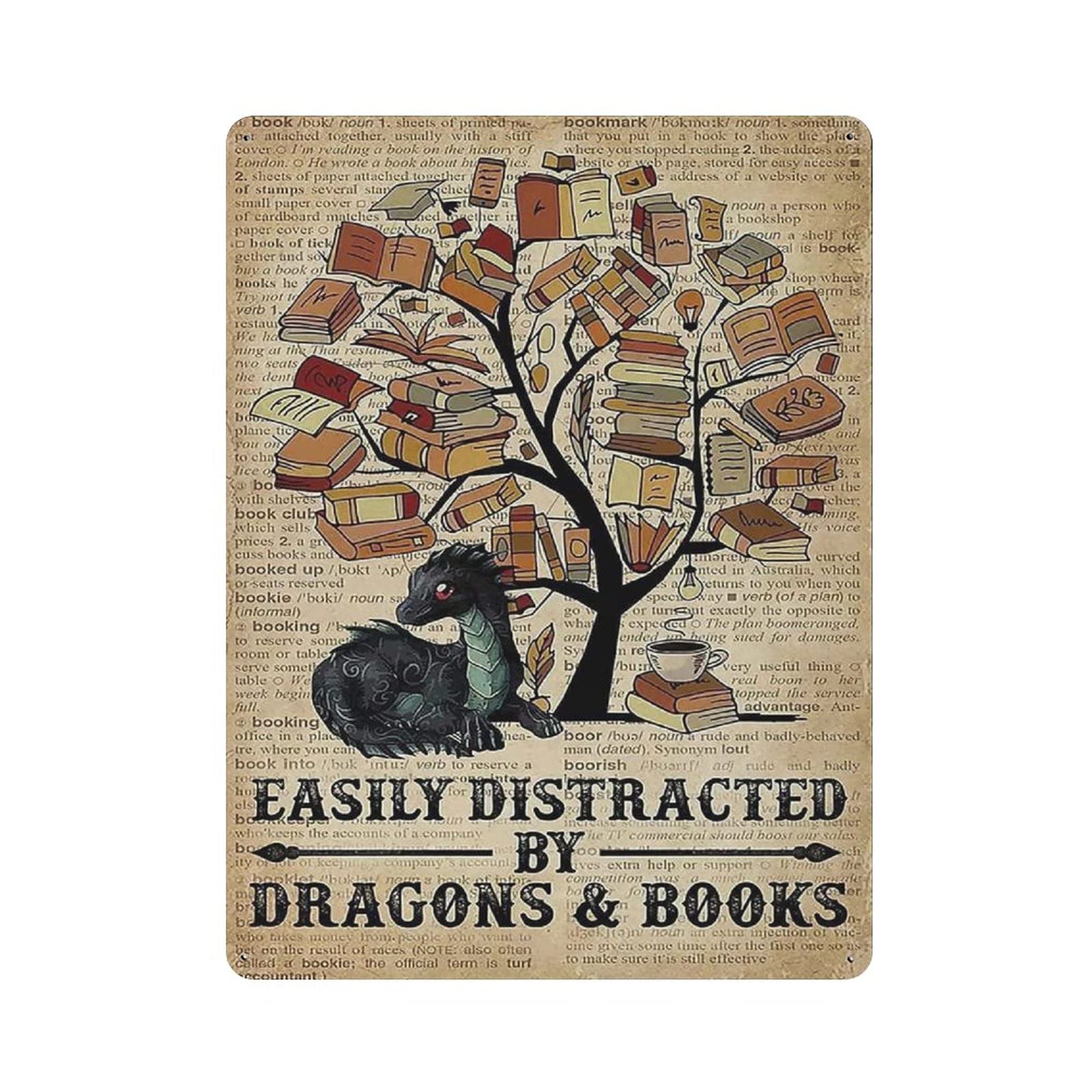 Easily Distracted By Dragons and Books Metal Signs, Fun Poster For Bar Kitchen Cafe Farmhouse Wall Decor 12x16 inch