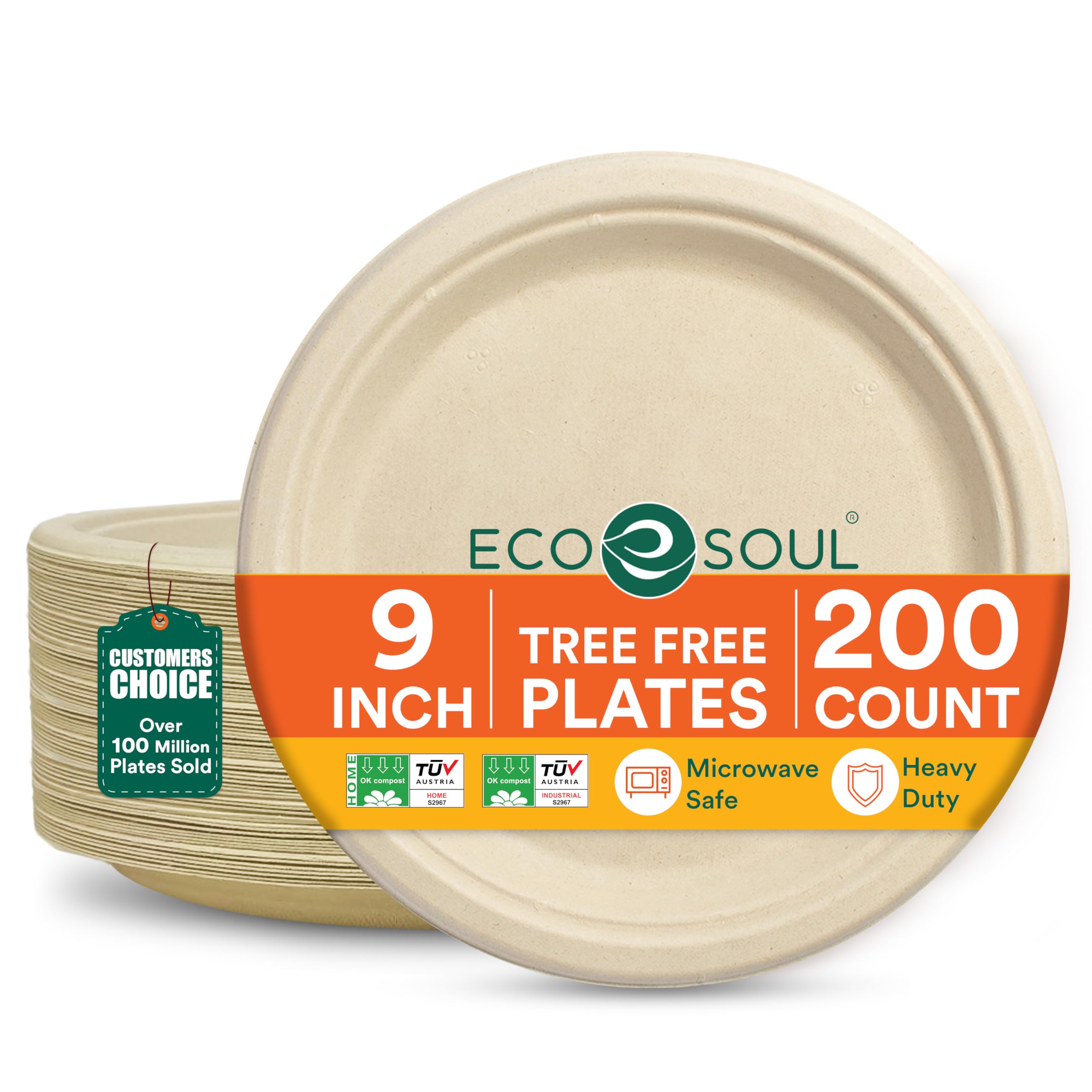 ECO SOUL 100% Compostable 9 Inch Paper Plates 200 [2x100 Pc] Disposable Party Plates I Heavy Duty Eco-Friendly Sturdy Dinner, Wedding, Event Plates I Biodegradable