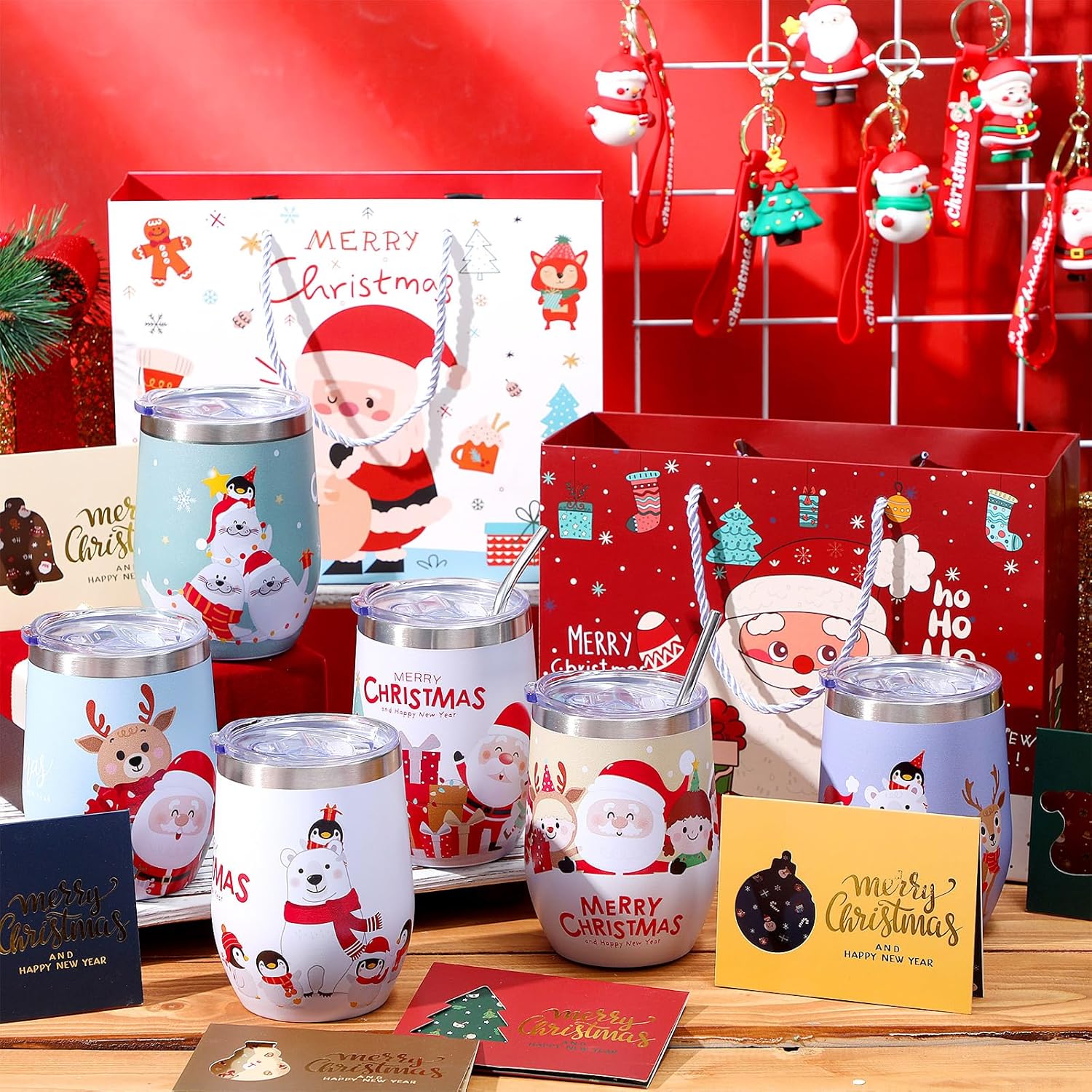Skylety 24 Pcs Christmas Gifts Bulk for Coworker Employee Women Men 6 Sets with 12oz Christmas Wine Tumblers Keychains Greeting Cards and Gift Bags for Xmas New Year Party Favors(Classic)