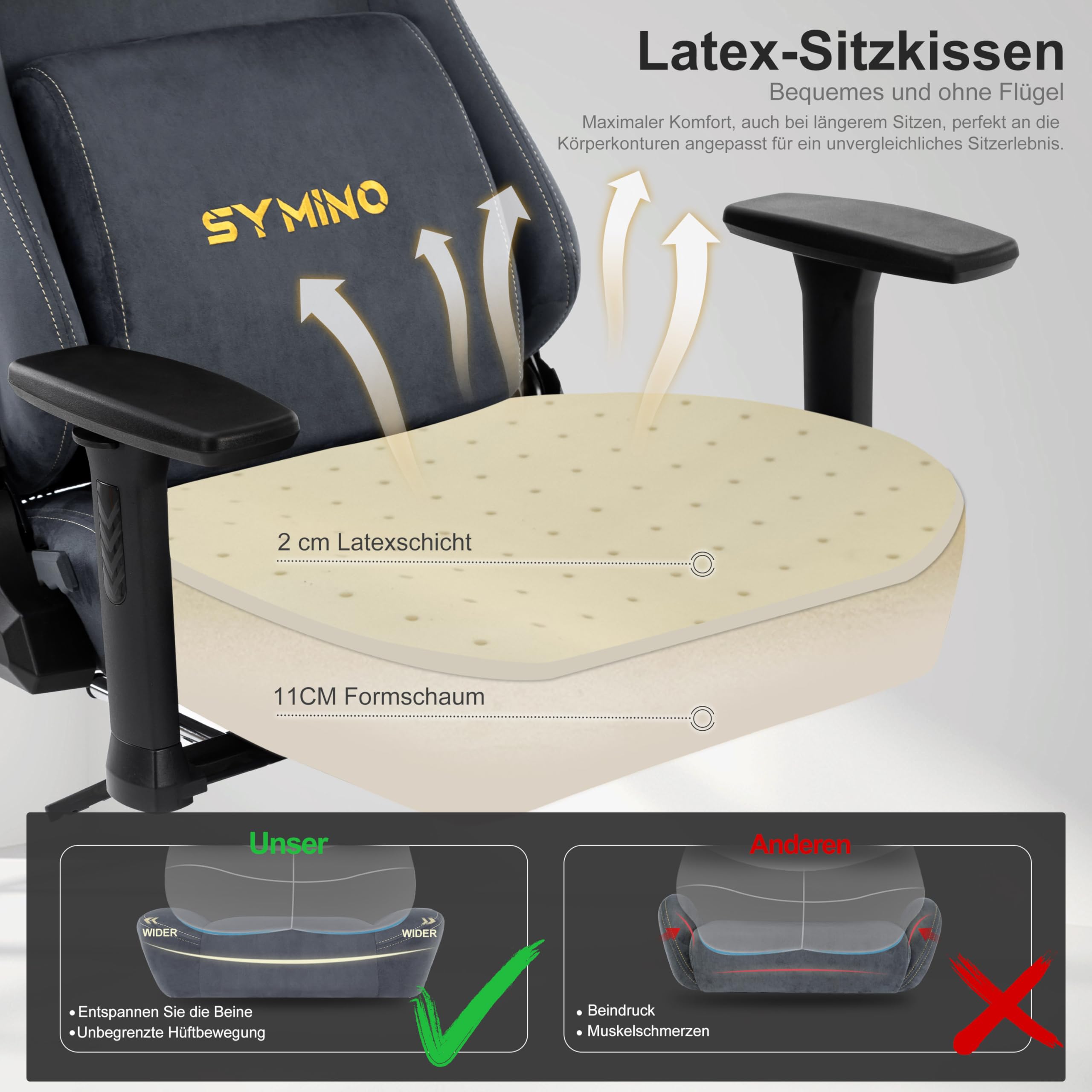 Symino Chaise Gamer XL, Siège Large Mousse+Latex, Support Lombaire & Tête, Inclinaison 175°, 300kg, Roues Silencieuses Incluses (Faux Daim, Gris)