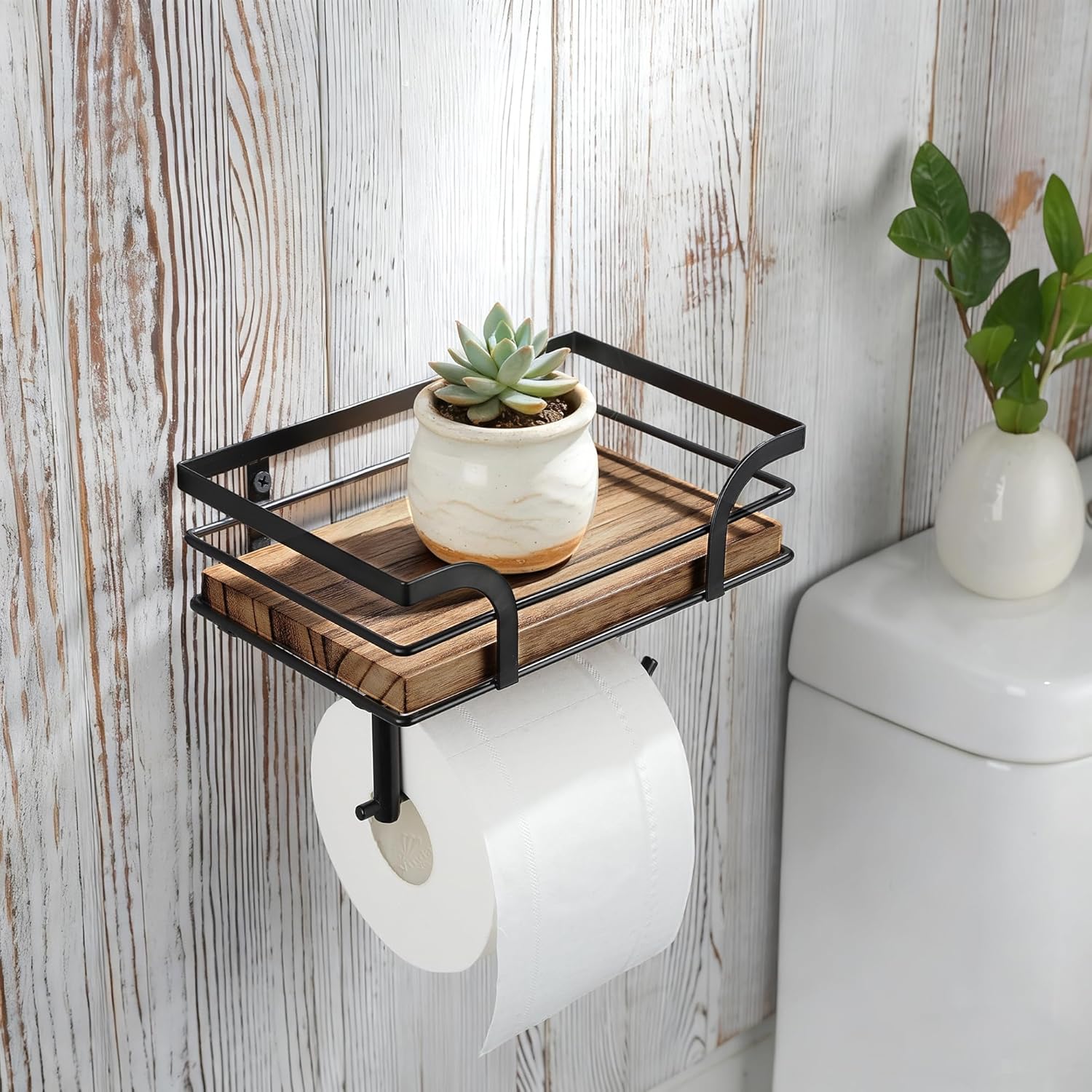 Farmhouse Toilet Paper Holder with Shelf, Bathroom Washroom Country Decor Toilet Tissue Paper Roll Holder for Cell Phone&Wipes&Reading (Adhesive & Screw-in Wall Mount)