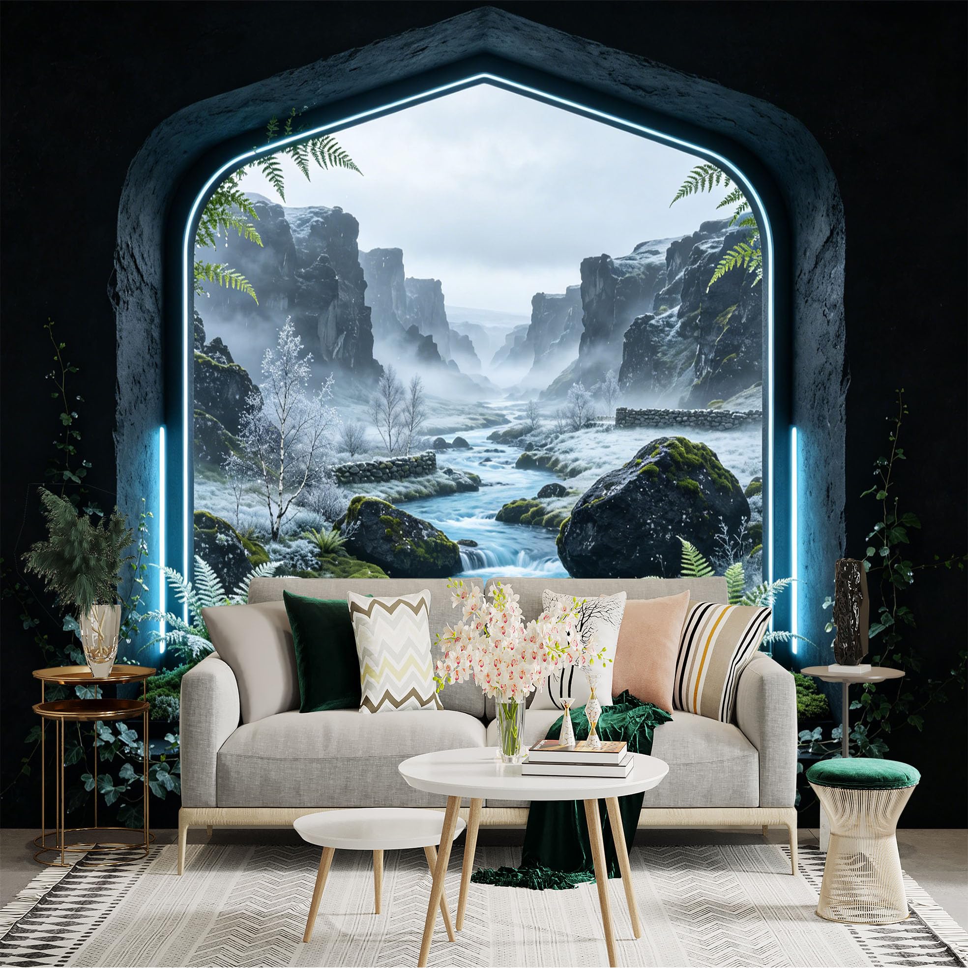 Lnzczhyre Dbh260521006 Custom Size Wall Sticker Mural， Misty Mountain River View， Winter Stream Landscape， Serene Nature Window， For Wall Decoration， Peelandstick Wall Decals.