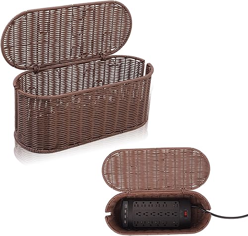 Miniatura 13 de Caja de organización de cables, organizador de cables de ratán hecho a mano, caja ocultacables de 2 ranuras abiertas, organizador de cables debajo