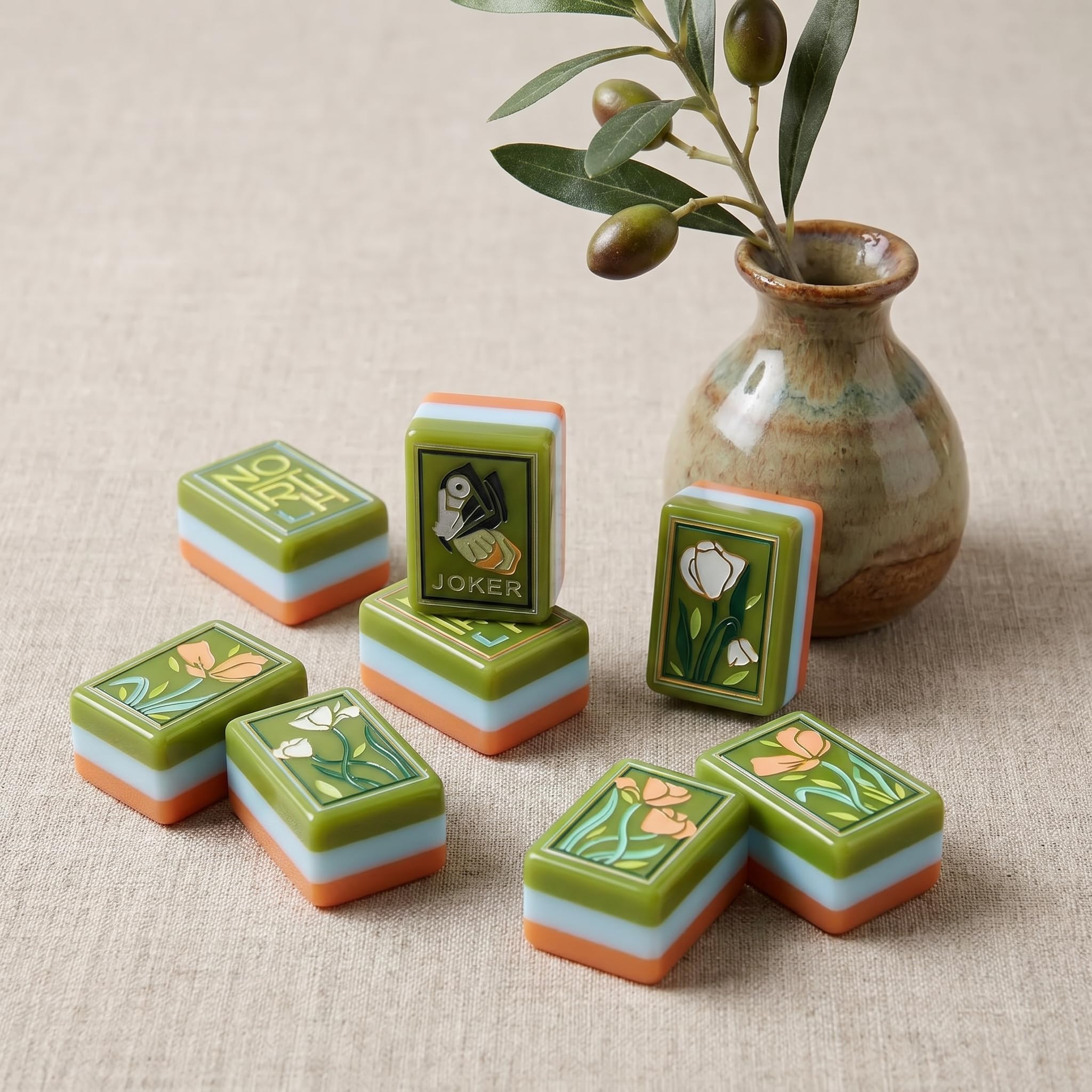 Handgemaltes Ölgemälde, amerikanisches Mahjong-Set, Gravur, Reisespiel | 160 Acryl-Fliesen, 4-lagig, Olivgrün, Himmelblau und Terrakotta, Geschenk für Fliesenliebhaber