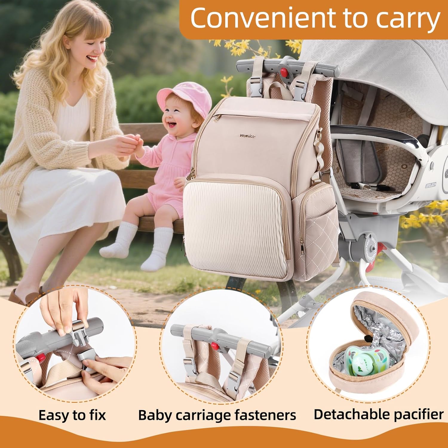 Stylish Baby Diaper Bag, Baby Bag with Changing Pad, Pacifier Case& Stroller Straps, Large Diaper Backpack Boy Girl, Water Resistant Travel Diaper Backpack for Mom Dad - Image 6