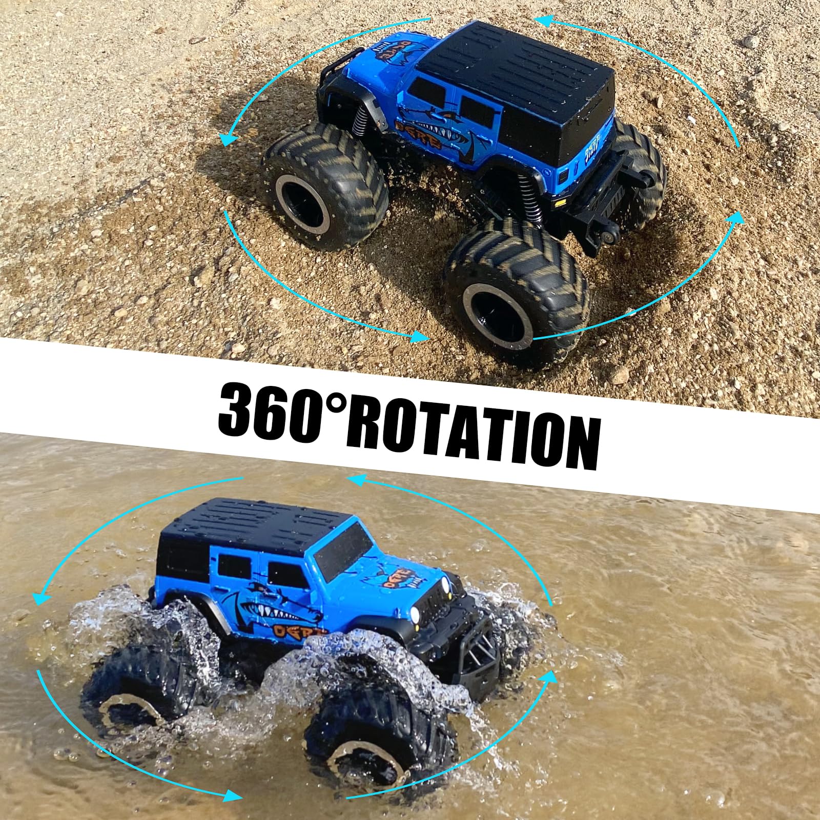 ACAMMZAR Amphibisches Ferngesteuertes Auto für Kinder, 2.4GHz 4WD 360° Drehung Wasserdichtes Monster Truck für Jungen All Terrain Off-Road RC Auto mit 2 Batterien 4 5 6 7 8 9 Jungen Mädchen, Blau