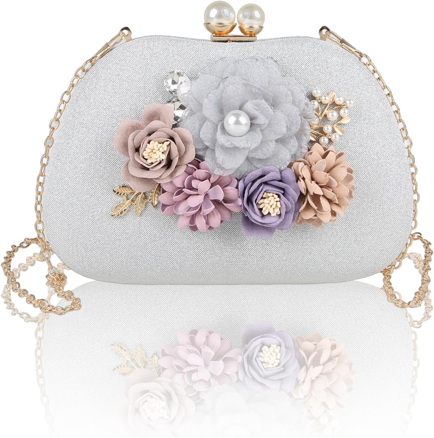 Rkrouco Evening HandBags for Women Flower Wedding Clutch Purse Satin Floral Ladies Party Crossbody Bag