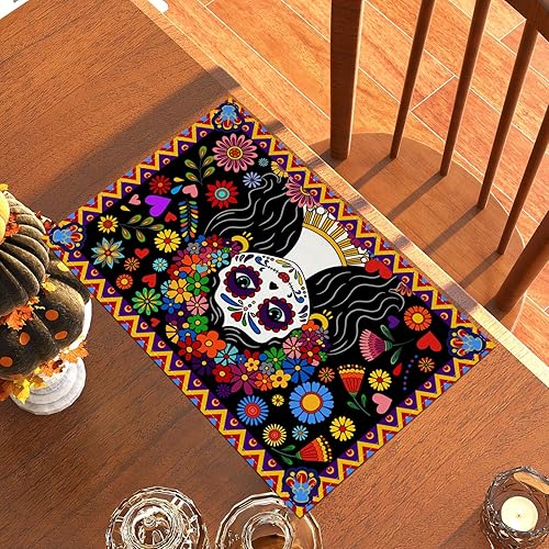 Miniatura 3 de Juego de 4 manteles individuales de lino del Día de los Muertos Dia De Los Muertos, manteles individuales de altar mexicano de muertos, decoración y