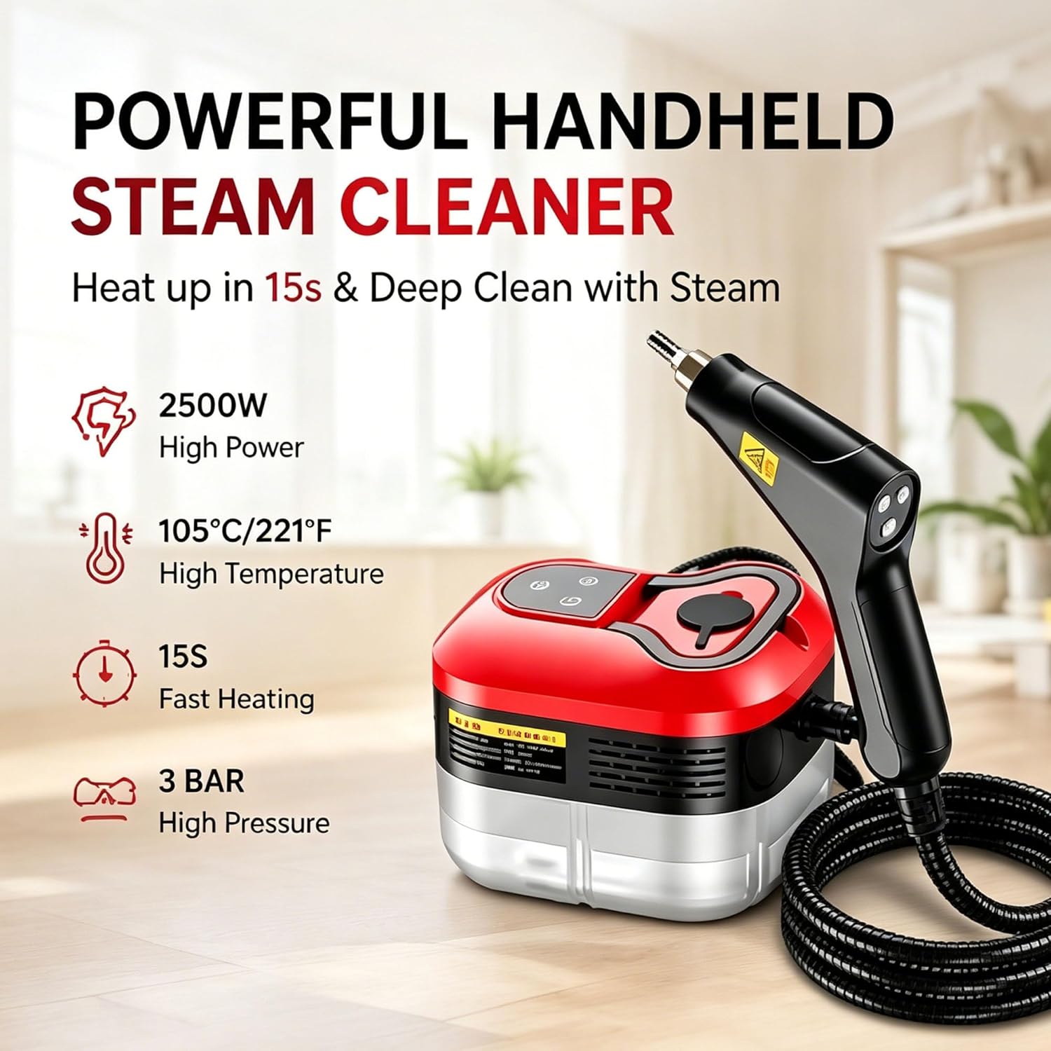 2500w Handheld High-Temperature Pressurized Steam Cleaner with 6 Adjustable Levels & 1l Tank,221°f Pressurized Steam for Home Kitchen Grease,Tile Grout,Car Interior,Furniture, Floor (Orange)