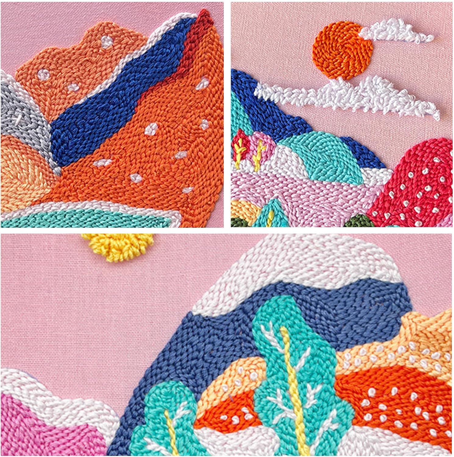 Allazone 3 Set Punch Needle Embroidery Kits, Punch Needle Kits for Adults Beginner, Punch Needle Tool with Punch Needle Cloth, Yarns and Sewing Needles (Sunset and Mountains)