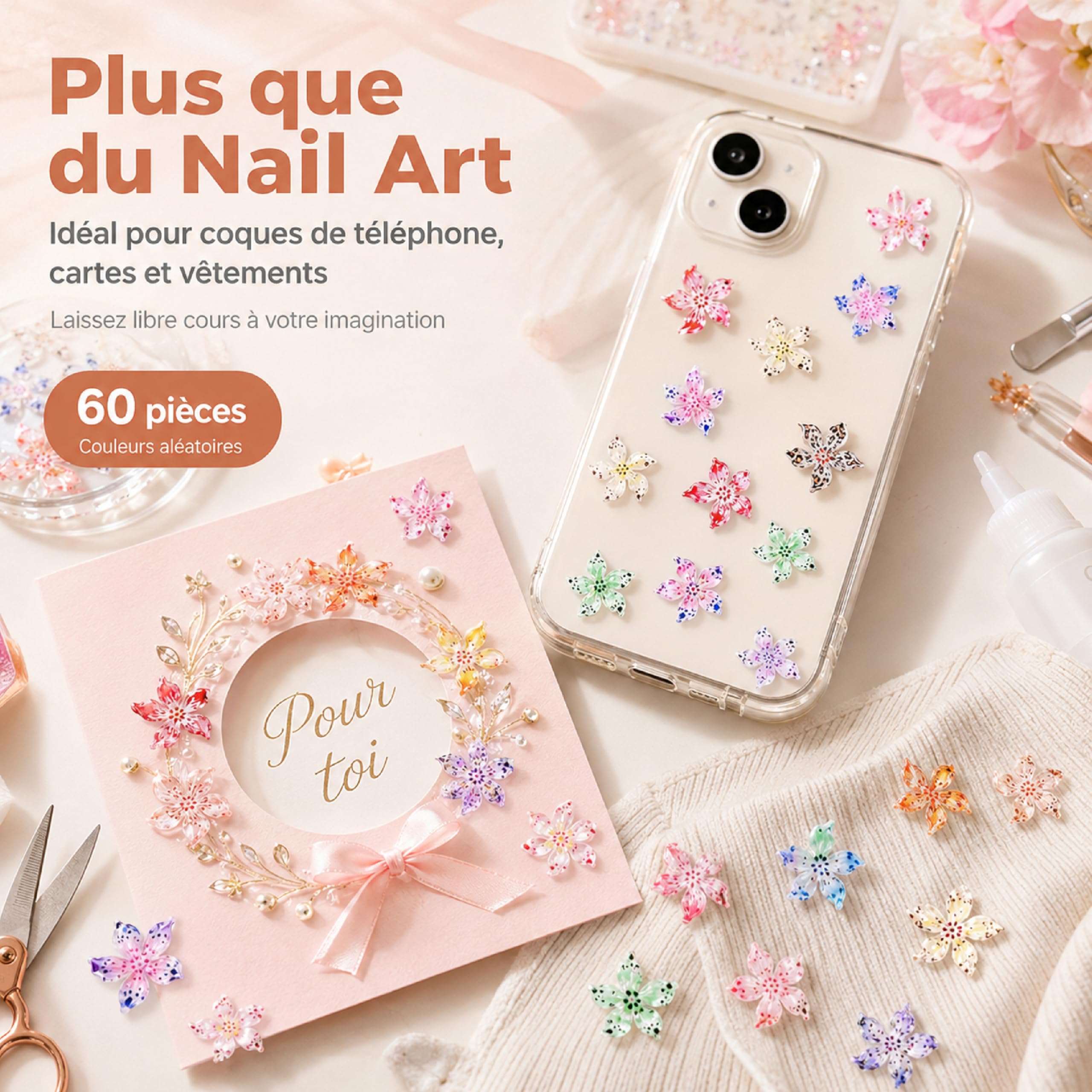 Zestaw 60 sztuk 3D Flower Charms, zawieszki do paznokci w kształcie kwiatów, ozdoby kwiatowe do paznokci, do dekoracji manicure i kreacji