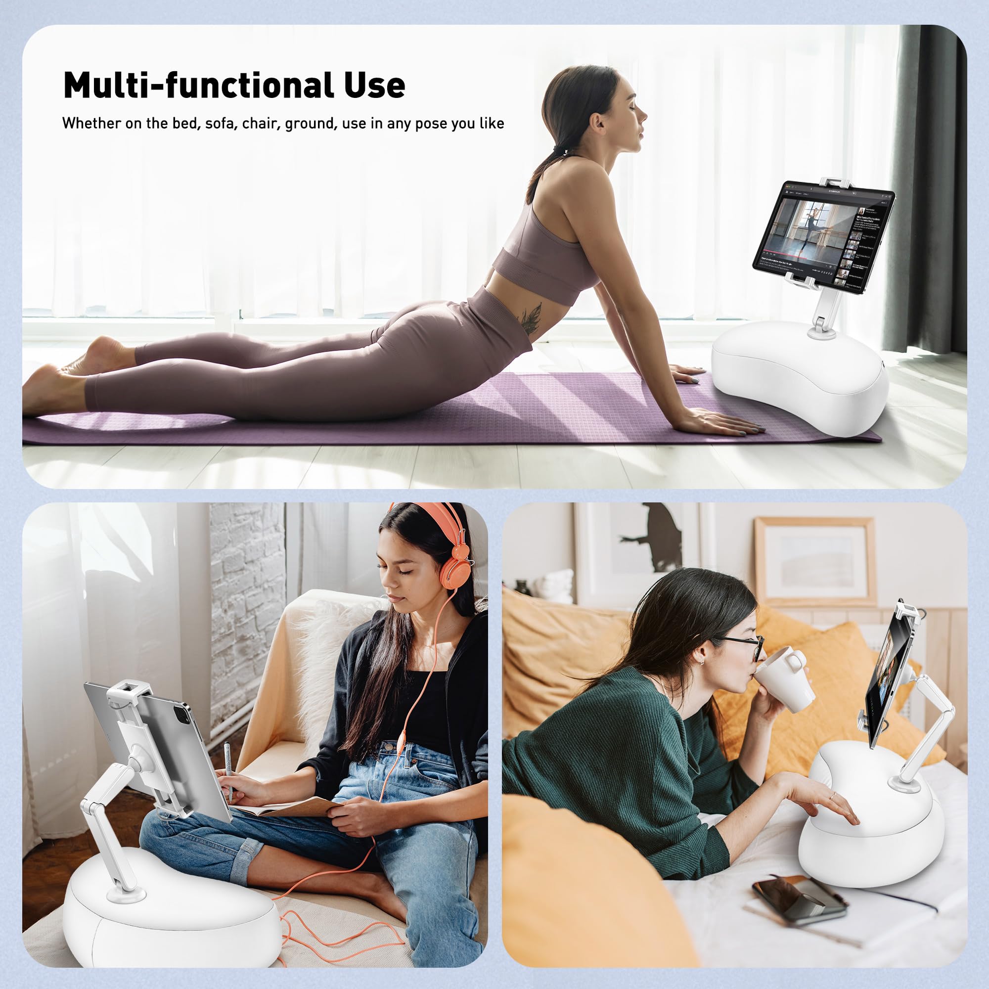 AboveTEK Tablet Kissen Halter, ipad Halterung für Schoß/Sofa mit Weichem Sitzsack, Mehrere Winkel Verstellbar Arm, ipad-Halter Bett für Kindle Handys Tablets von 4,7 bis 12,9 Zoll (Weiß)