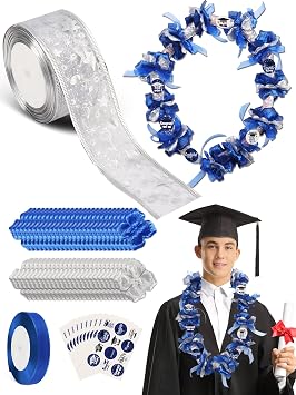 Extpro 10 Sets Graduation Candy Lei Making Kit, DIY Candy Lei Tubing Include 49ft Candy Lei Bags 147.6ft Ribbon 300Pcs Flower Pieces 10 Sheet Stickers for Graduation Congrats Celebrating Party Blue