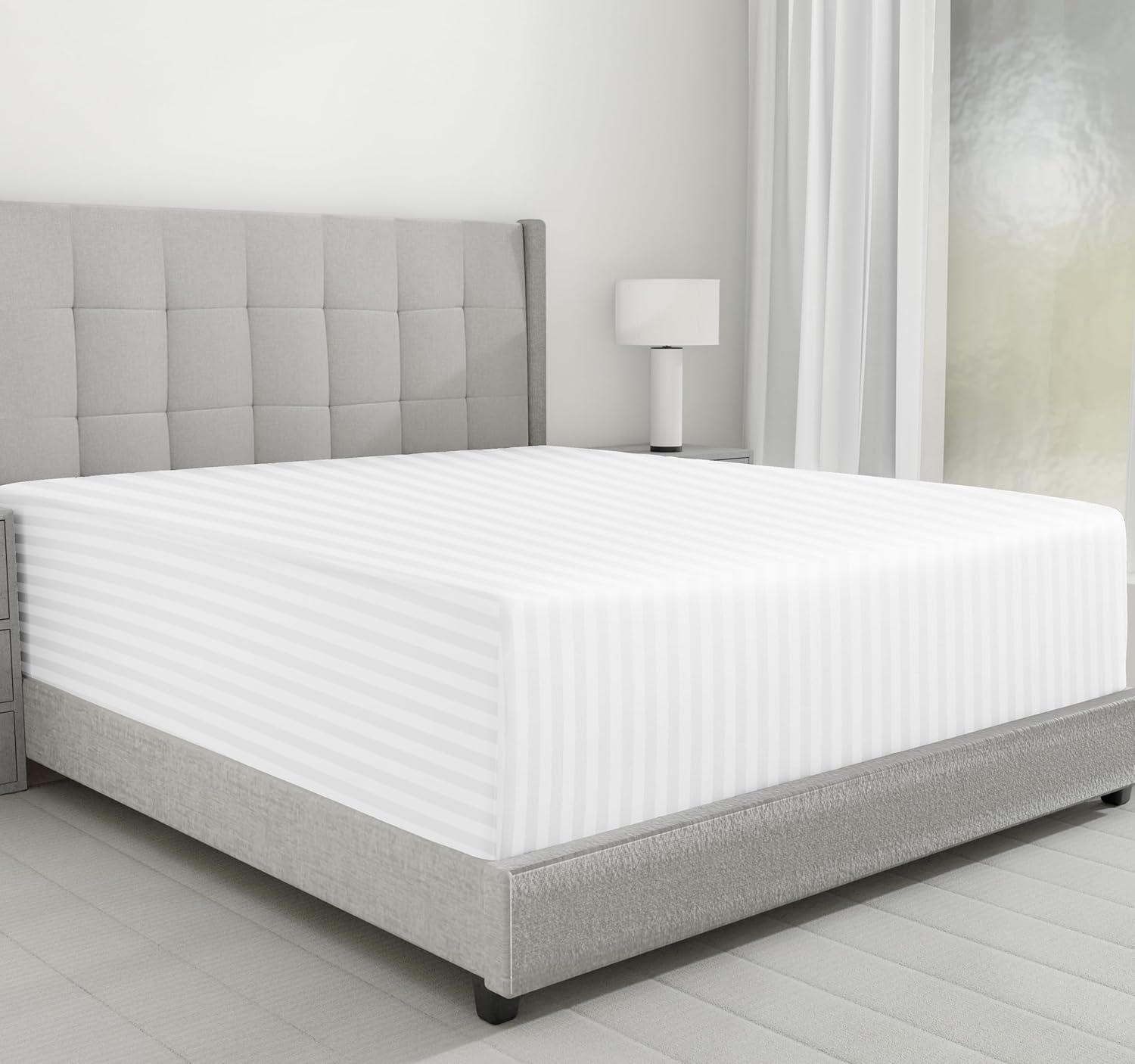 California Design Den Cotton Sateen Damask Stripe Queen Size Fitted Sheet Only - Soft 100% Cotton Sateen, Deep Pocket Bottom Fitted Sheet - White - Thumbnail 2