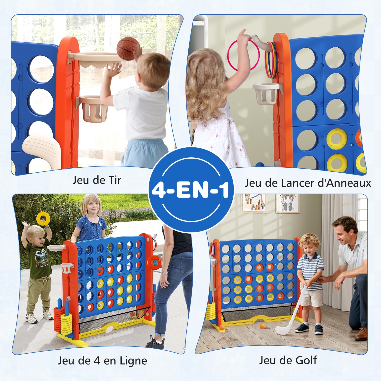 COSTWAY 4 en 1 Jeux Puissance 4 Géant avec 42 Anneaux et Filet, Jeu de Société avec Panier de Basket et Lancer d’Anneaux, Hauteur Réglable, Golf, Porte-gobelets et Sac, Intérieur Extérieur