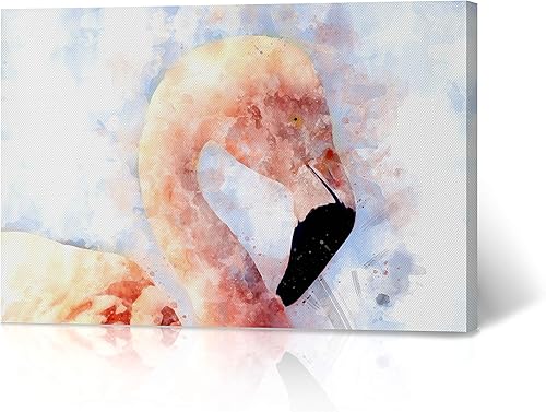 Hermoso lienzo con estampado de flamencos con fondo blanco, pintura de acuarela, arte de pared de animales, decoración del hogar, listo para colgar,