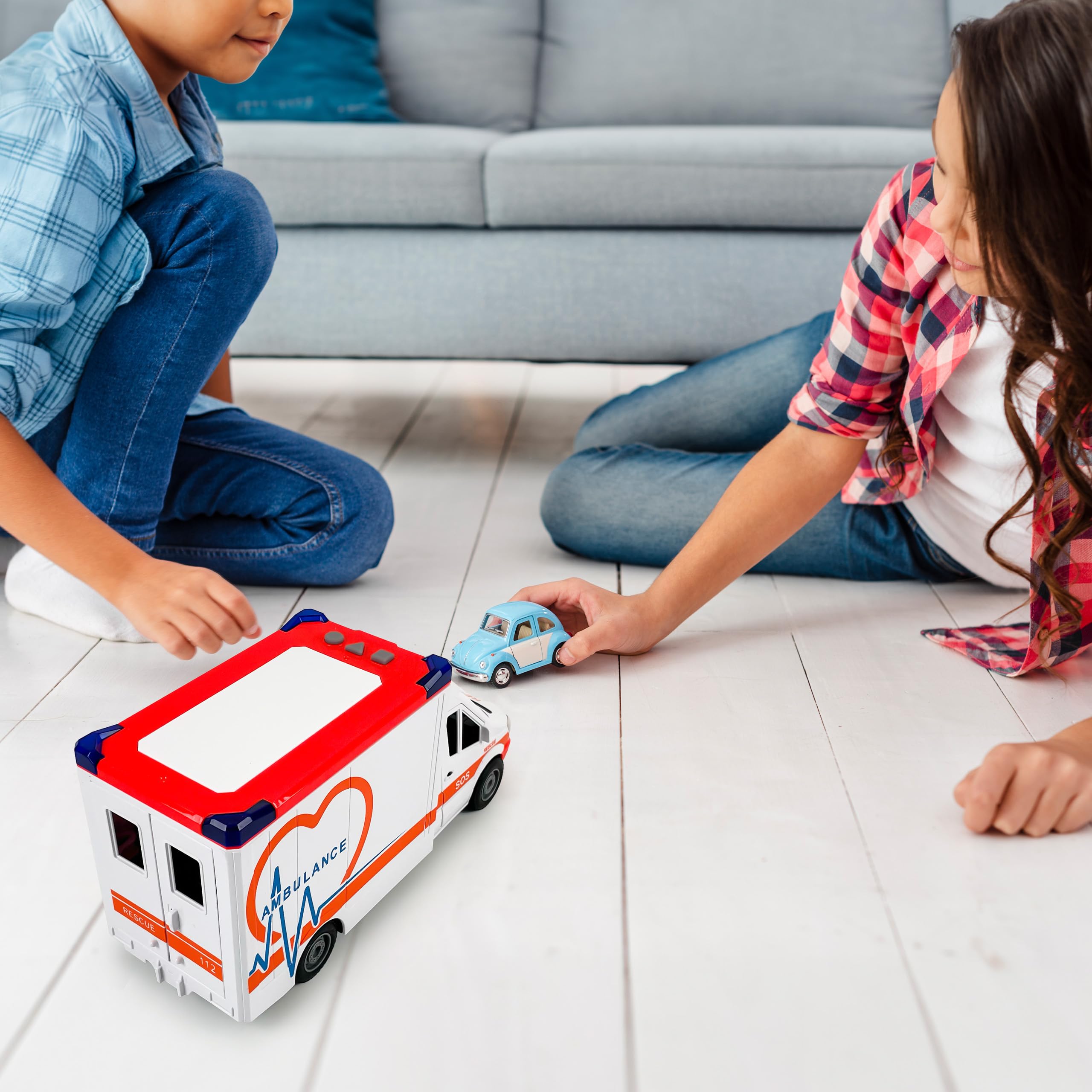 CELMAN Juguete de ambulancia, ambulancia ambulancia con camilla, portón trasero para abrir, luz y sonido, coche de juguete grande para niños a partir de 3, 4, 5, 6, 7, 8 años