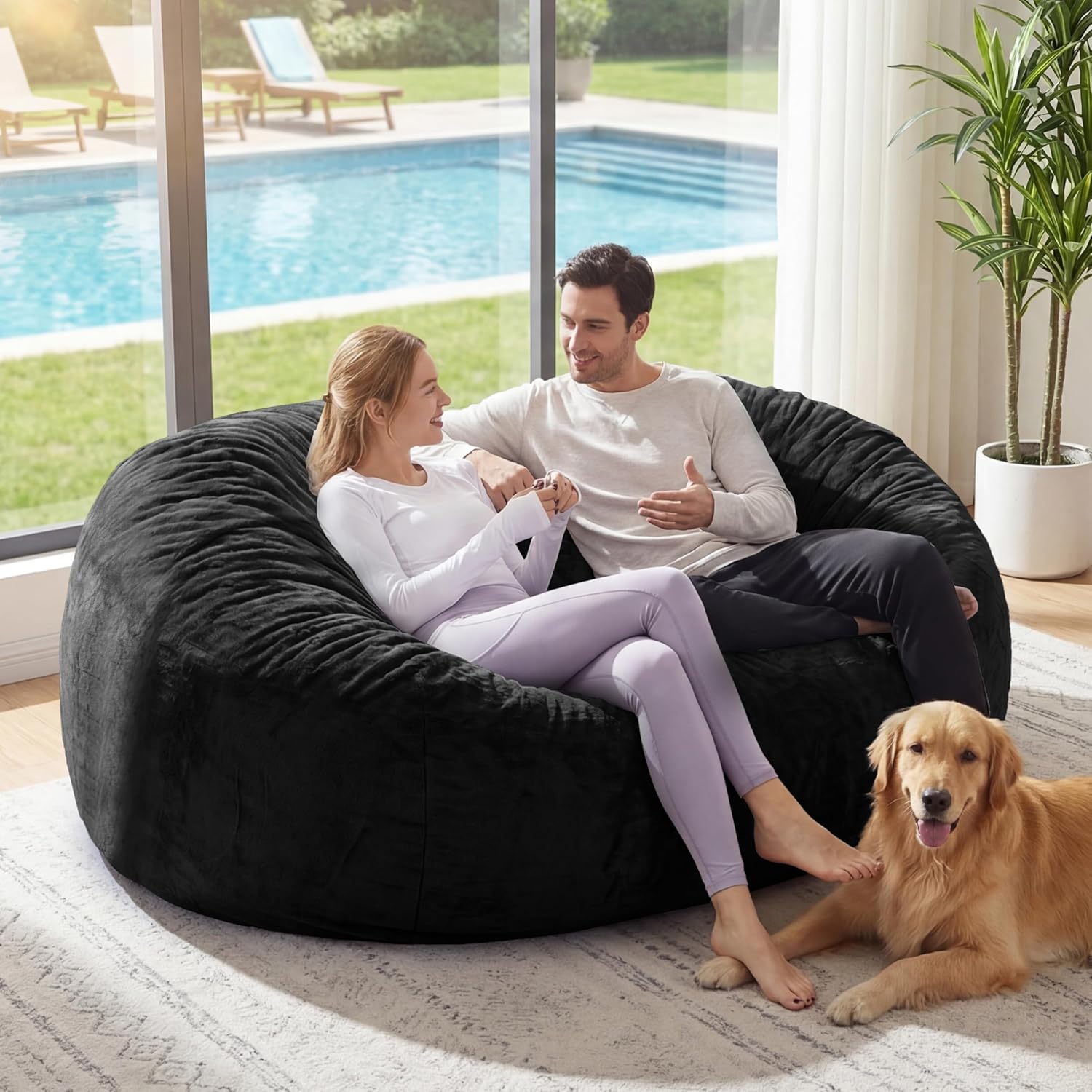 Giant Bean Bag Chair with Memory Foam Filling Beanbag for Adult 8 Colors, Machine Washable Removeable Flannel Cover, Soft Cozy for Bedroom, Living Room - 6 Feet Black