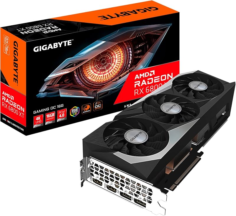 Tarjeta gráfica GIGABYTE AMD Radeon RX 6800 XT Gaming OC 16G, 16 GB de memoria GDDR6, con tecnología AMD RDNA 2, HDMI 2.1, sistema de refrigeración WINDFORCE 3X, GV-R68XTGAMING OC-16GD