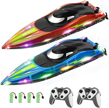 RC Boat with LED Lights - Toddler 14Inch Remote Control Boat for Kids and Adults, 2.4Ghz Fast RC Boats 15 KPH for Lakes & Pools with 4 Rechargeable Battery, Summer Toys Gifts for Kids Age 8-12