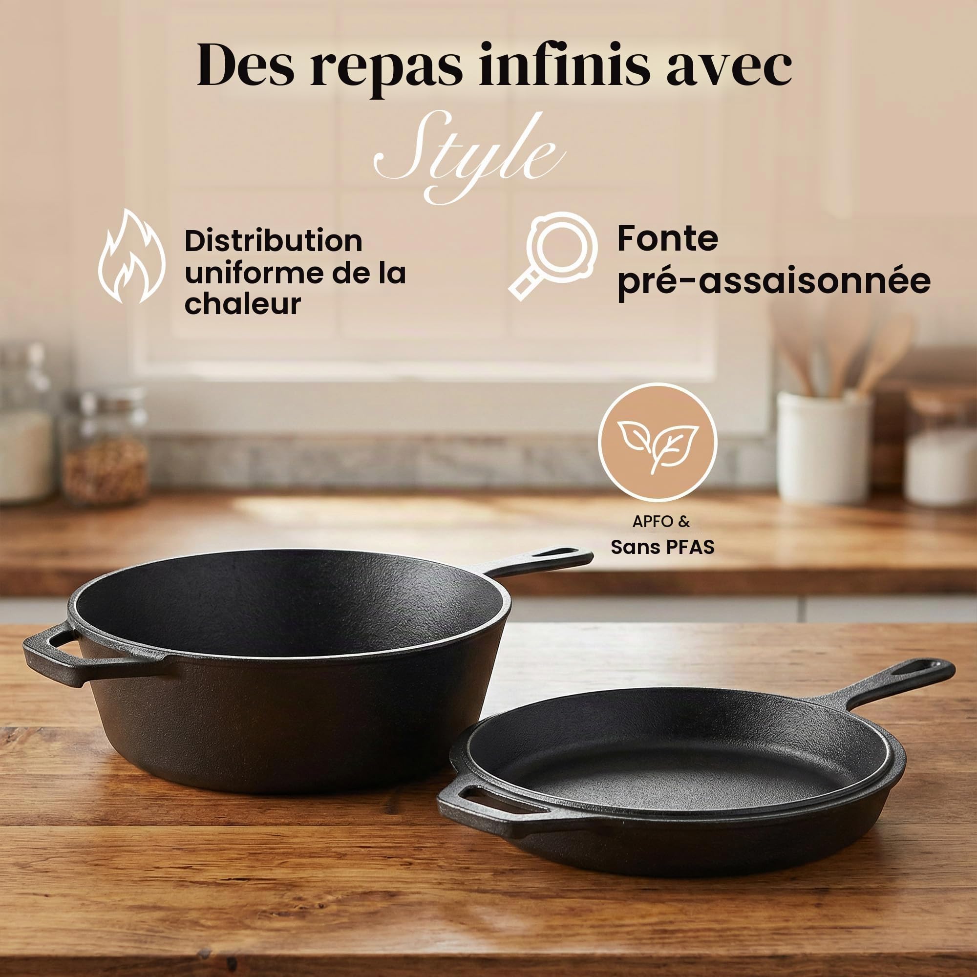 nuovva Faitout pré assaisonné – Poêle à frire en fonte – Couvercle de poêle 2 en 1 – Cocotte de 3,2 L, poêle de 26 cm