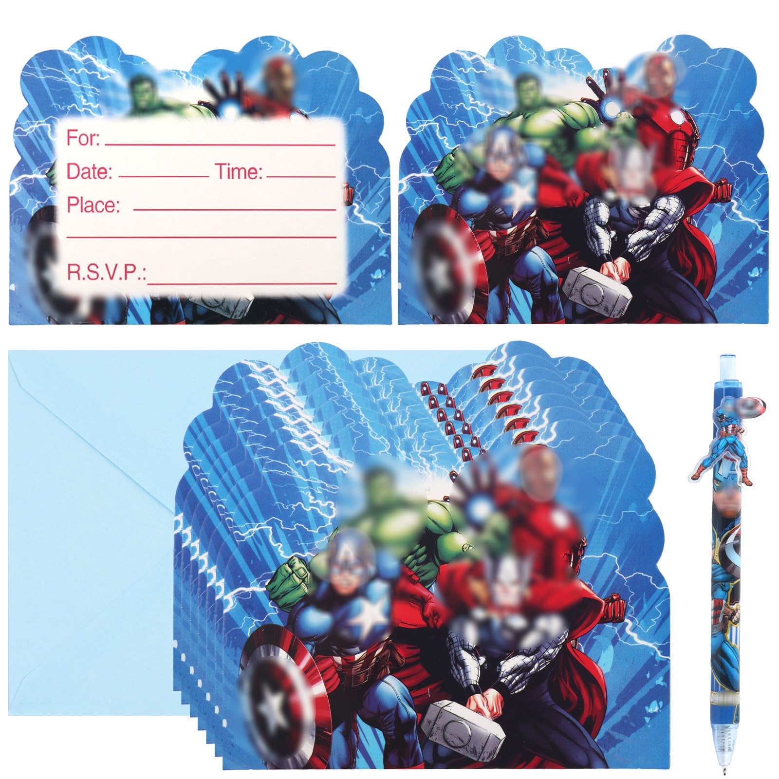20PCS Aveng Party Invitations Kids, Party Invites with Envelopes+Pen, Invitations Birthday Cards for Kids Girls Boys