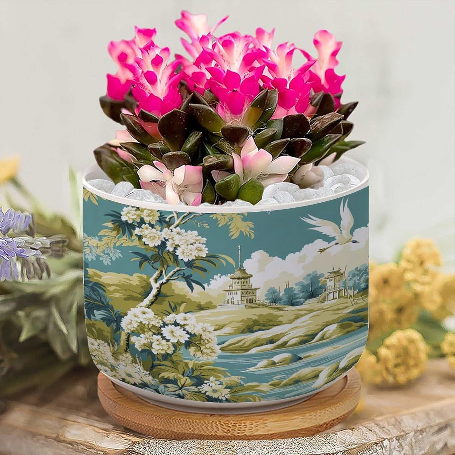 Asia Tiered Tower Garden Small Plant Pot Ceramics Set of 5 Green Chinoiserie Flower Bird Ceramics Pots for Plants with Drainage Bamboo Trays Chinoiserie Succulent Planter