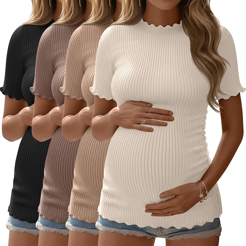 4 Pack Maternity T Shirts | Short Sleeve, Ribbed, Crew Neck, Side Ruched, Pregnancy Tops, Casual Clothes, Soft, Stretchy, Breathable, Comfy