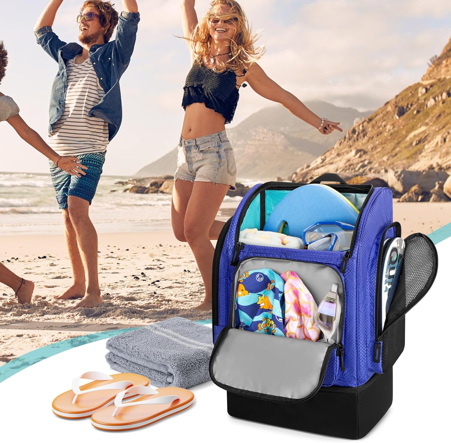 Fasrom Mesh Beach Backpack with Insulated Cooler Compartment, Wet Dry Separation Beach Bag, Large Capacity Tote for Swim