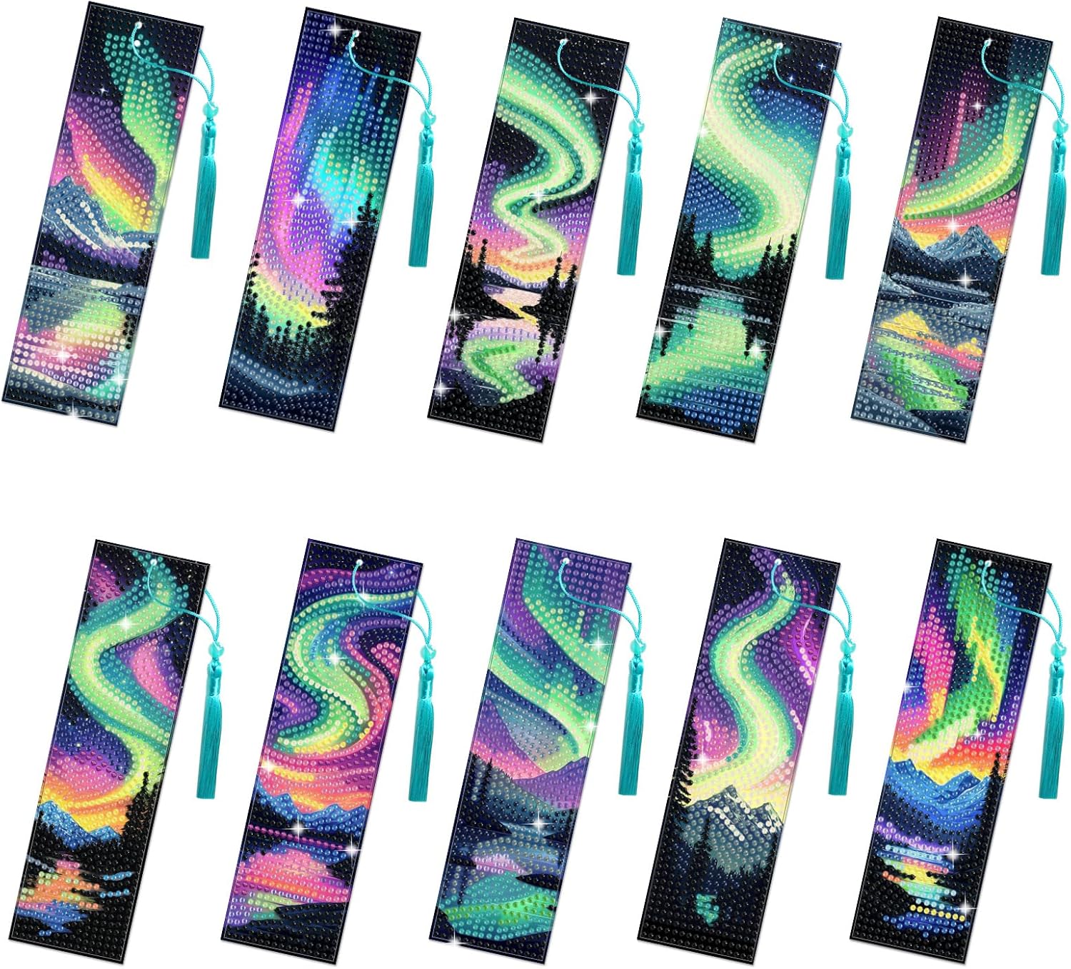 10Pcs Aurora Starry Sky 5D Diamond Art Bookmarks Forest Lake Diamond DIY Painting Bookmarks Rhinestones Beaded Acrylic Tassel Bookmark for Adult Beginner Crafts