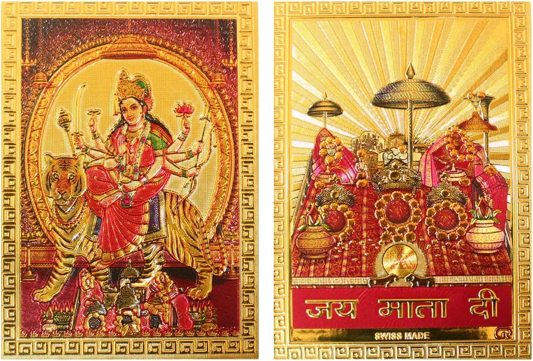 Yogic Mantra Mata Vaishno Devi Darbar Stickers Set (Approx 2x2.75 Inch Gold Plated Foil Paper 180 GSM) Jai Mata Di Sherawali Mata Decals for Car Dashboard Embossed Printing Maha Kali Photo Sticker Set