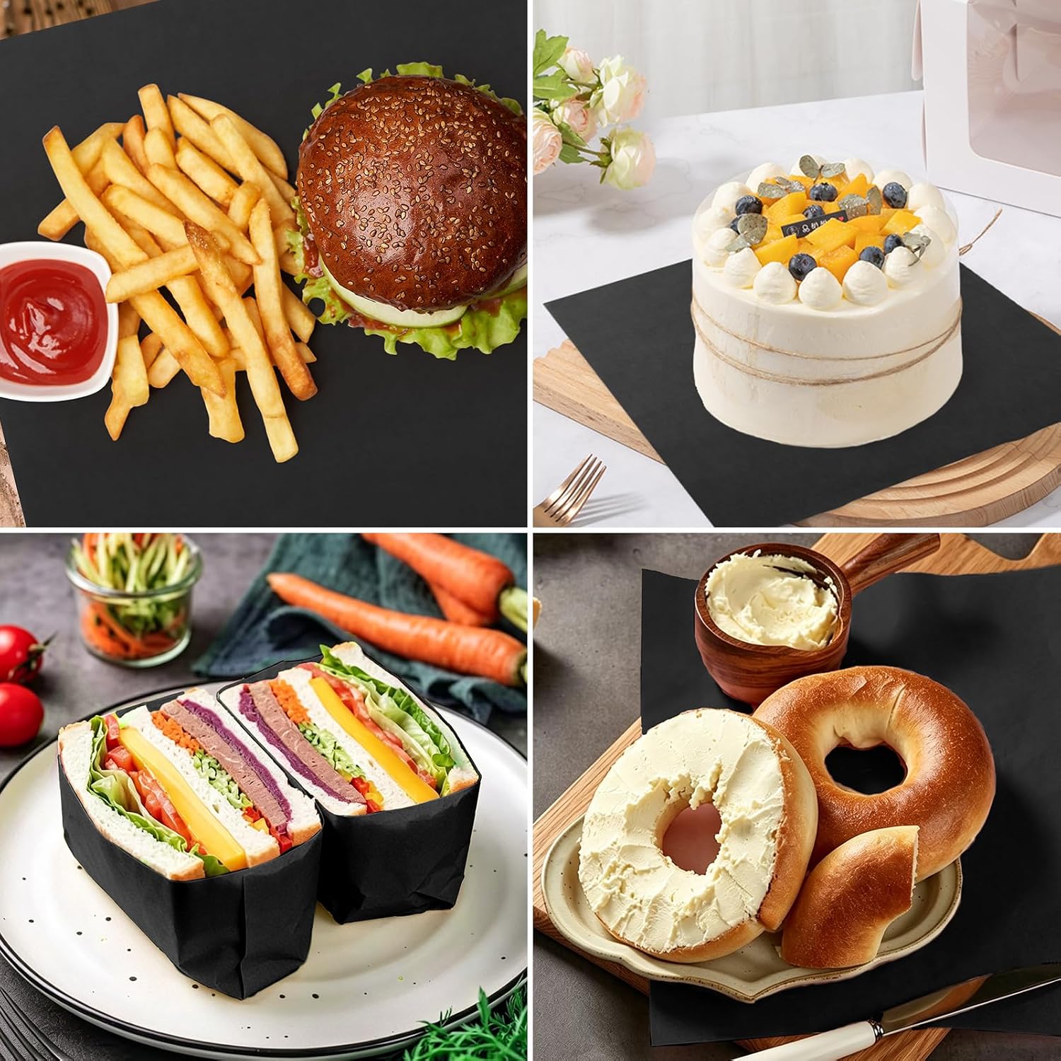 100 Pcs Waxed Deli Paper Sheets 12 x 12 Inch, Food Grade Pure Color Greaseproof Sandwich Wrapping Paper, Basket Liners for Baking, Burger, Food Trays, Kitchen Picnic Party Supplies(Black)