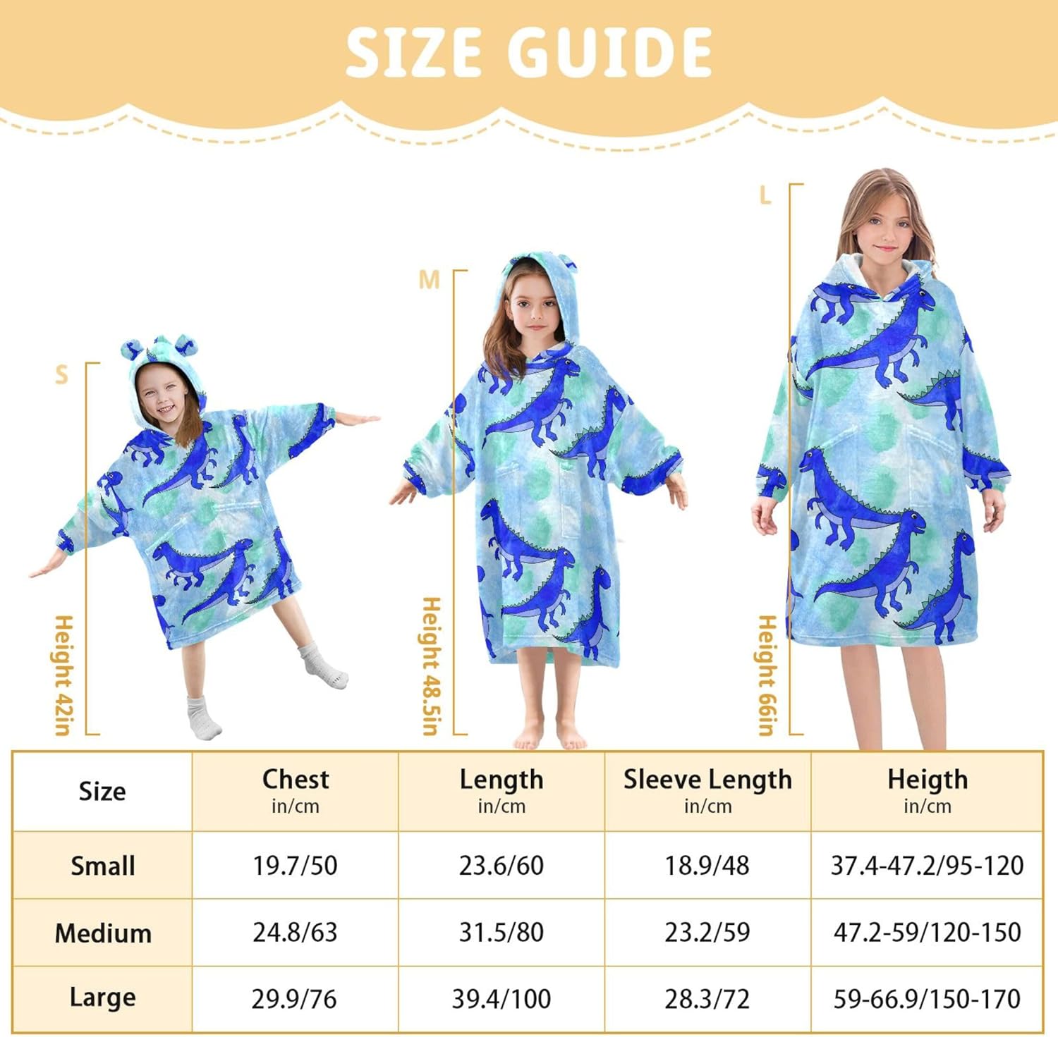 Cute Dinosaur Kids Wearable Blanket Hoodie with Pocket and Sleeves for Toddlers, Cute Hoodies Girls Boys B0404079