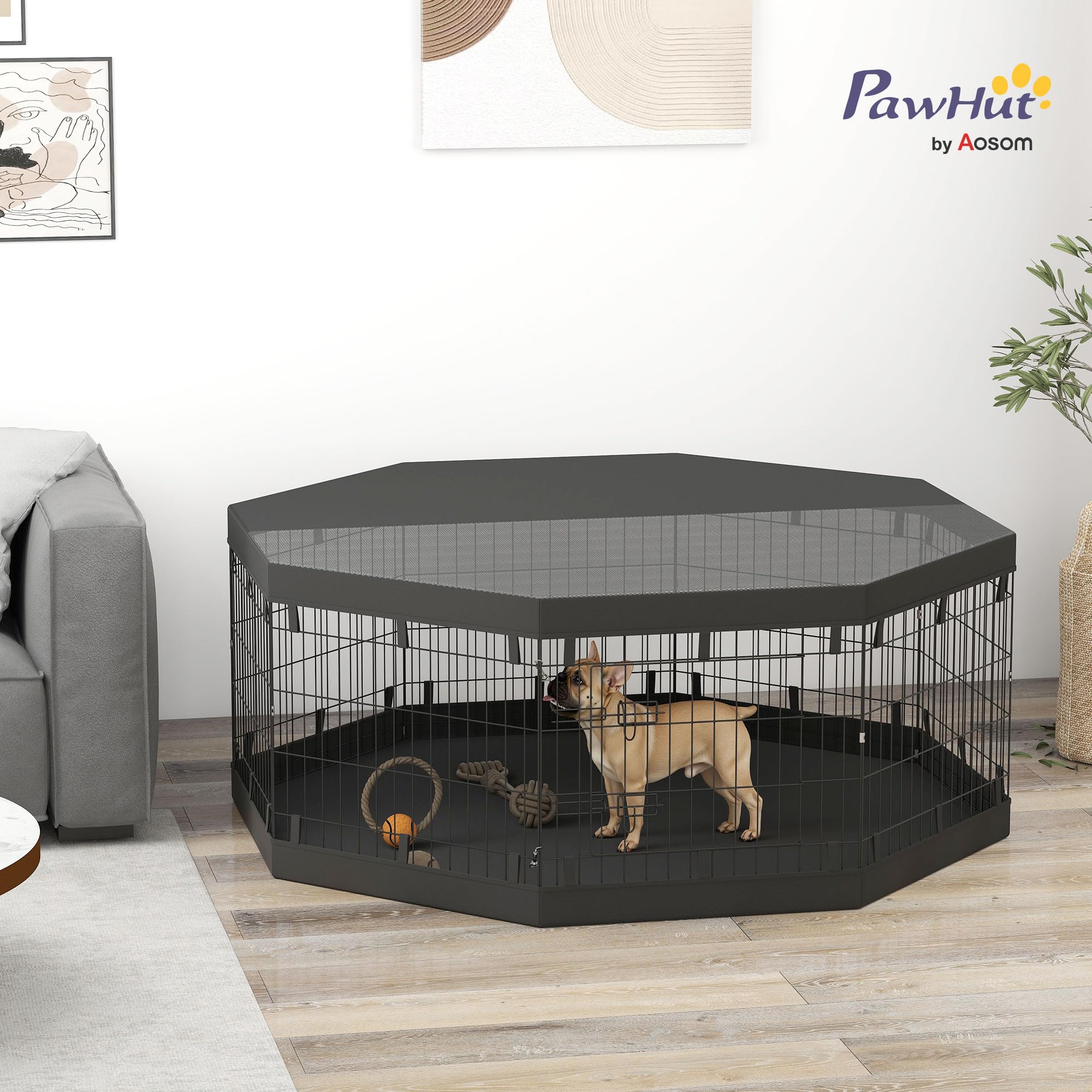 PawHut Parc pour Chien, enclos Chien intérieur, 8 Panneaux Pliables, avec Porte, Couverture supérieur et inférieure, Acier, 61 x 61 cm, Noir