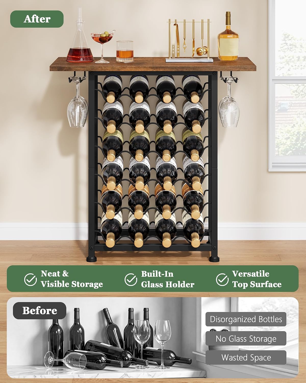 FAVOOSTY 24 Bottles Wine Rack Freestanding Floor, Wine Storage Racks with Wooden Table Top, Wine Shelf with Glass Holder, Liquor Stand for Kitchen, Living Room, Dining Room, Home Bar, Rustic Brown