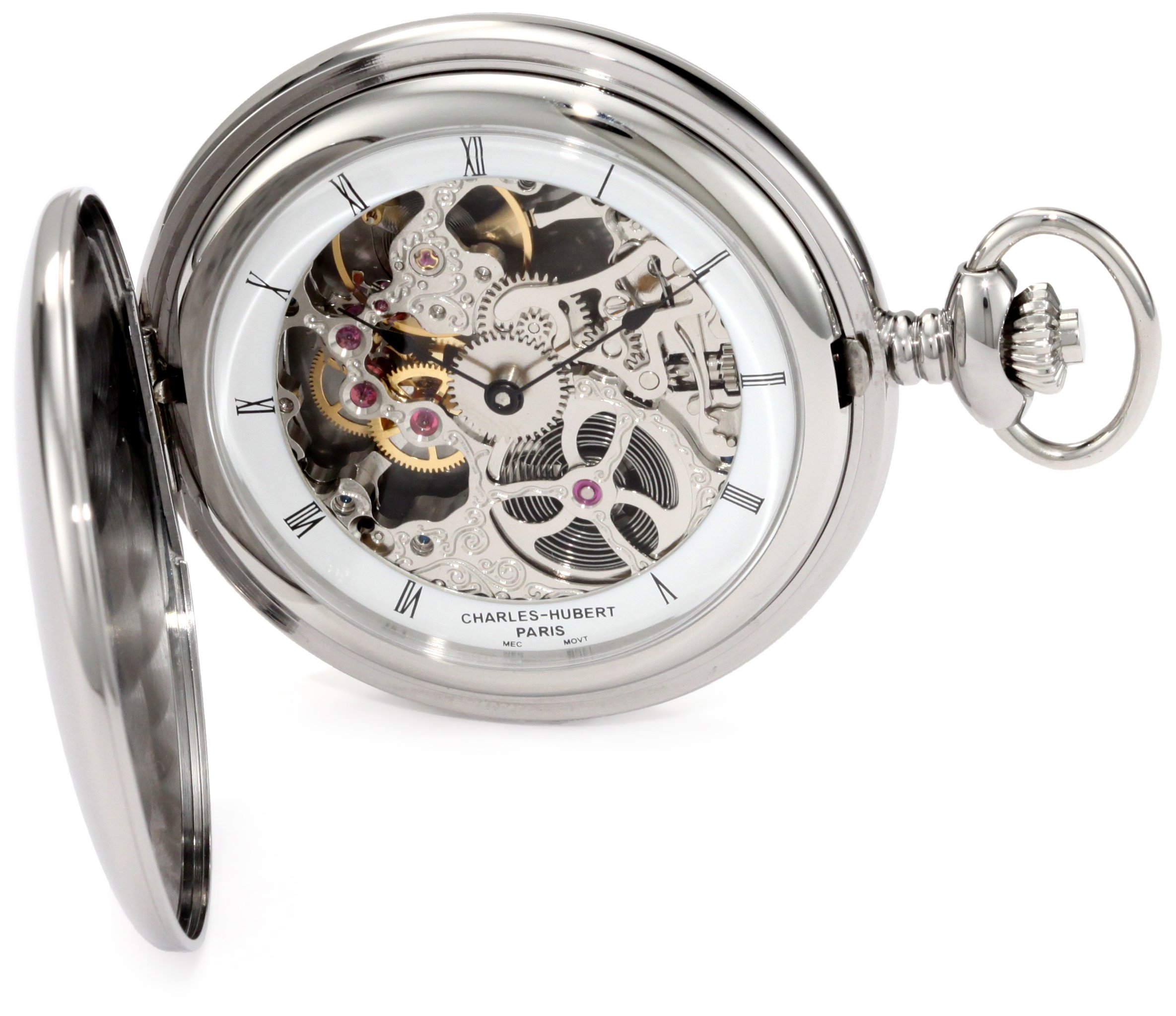 Charles-Hubert, Paris 3905-W Premium Collection Stainless Steel Polished Finish Hunter Case Mechanical Pocket Watch