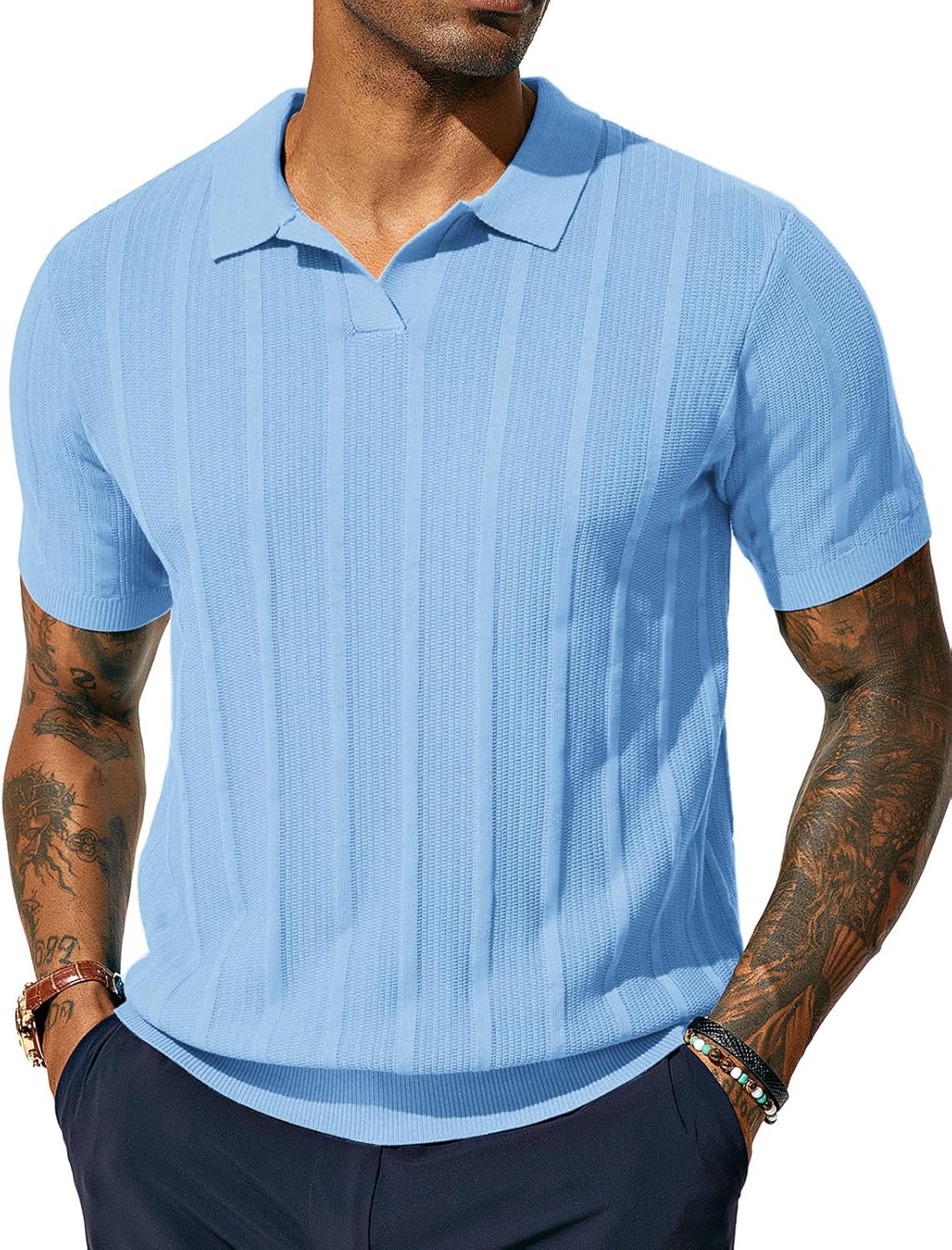 PJ PAUL JONES Mens Polo Shirts Regular Fit Textured V-Neck Knit Golf Polos