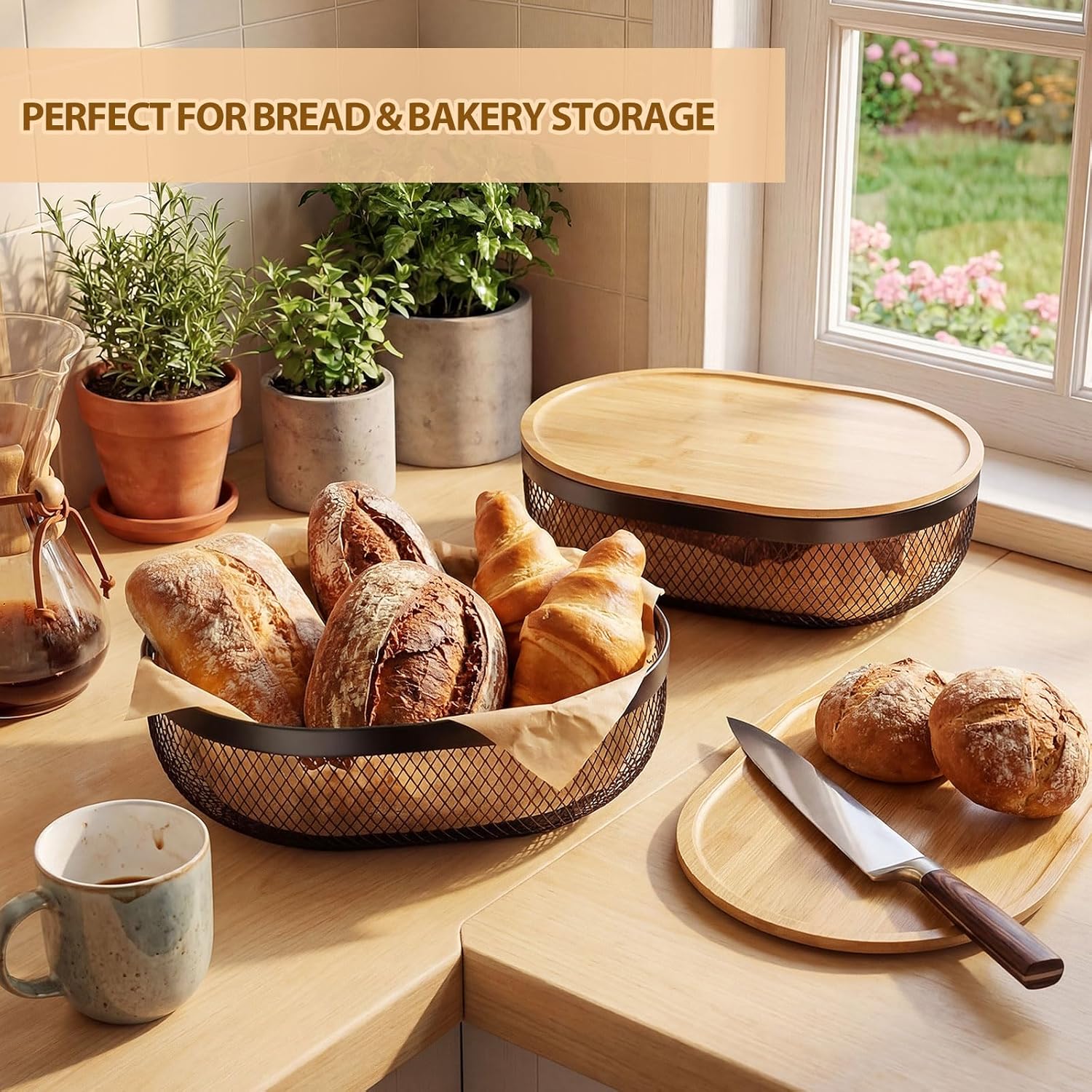 2 Pcs Oval Metal Mesh Storage Baskets with Tray Lids, Black Wire Organizer for Kitchen Countertop, Multi-functional Fruit and Bread Baskets for Home, Cabinet and Decorative Storage