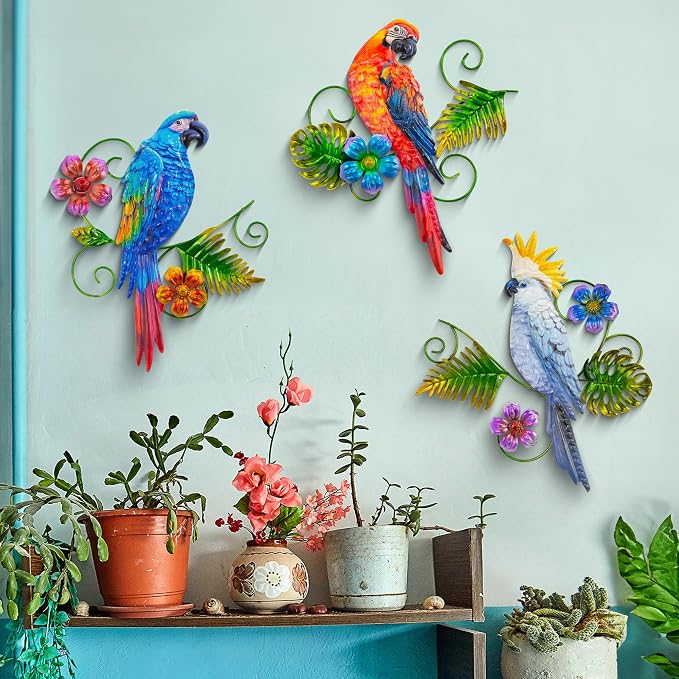 Decoración de pared con loros de metal para exterior, 3 piezas, tamaño 12 pulgadas miniatura 7